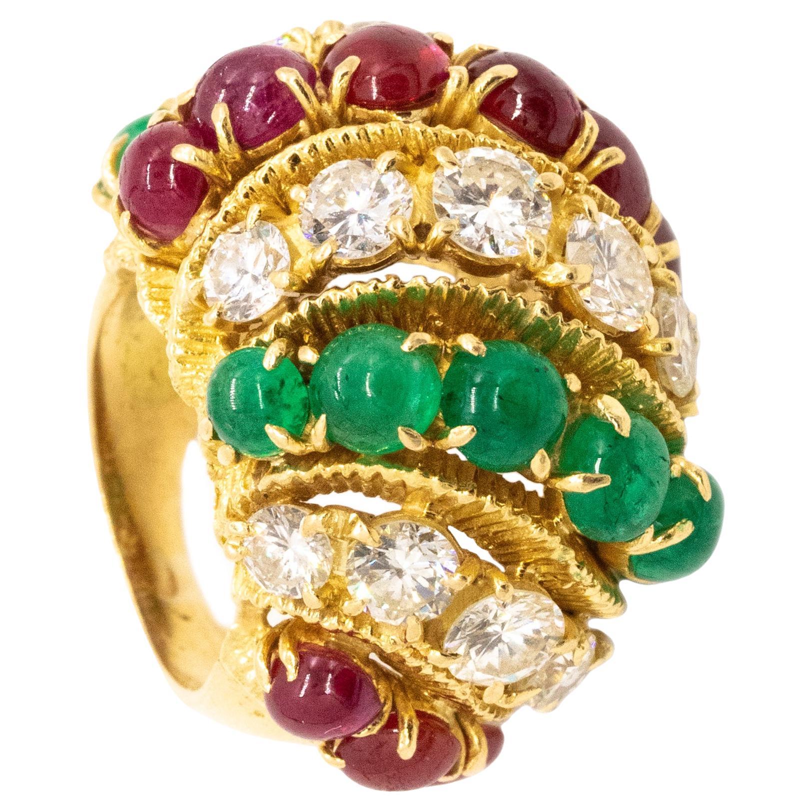 Mid-Century 1950 Tutti Frutti Bombe Ring 13.35 Ctw Diamonds Rubies and Emeralds For Sale