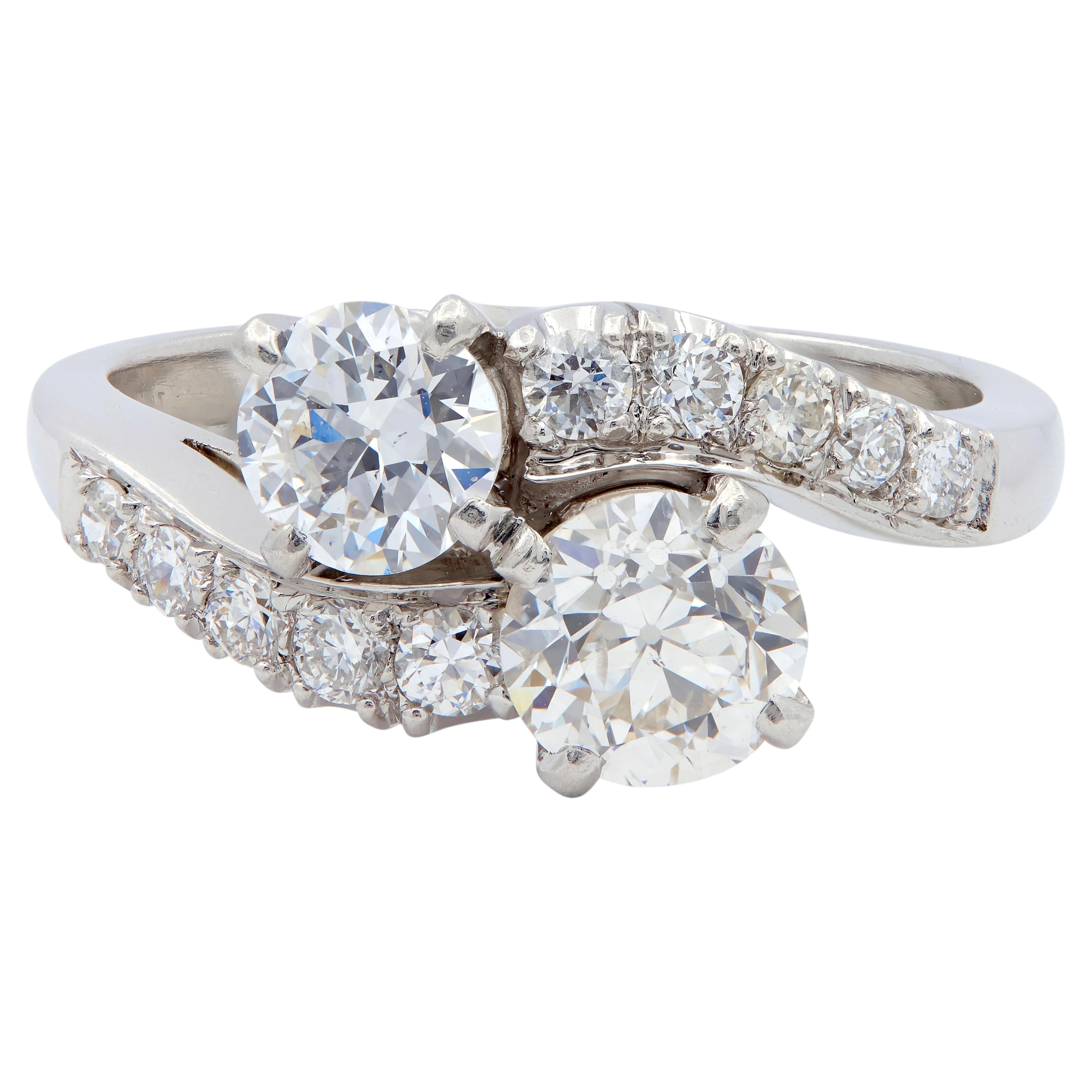 Mid-Century 1950s 1.79 CTW Old European Cut Diamond Platinum Vintage Bypass Ring