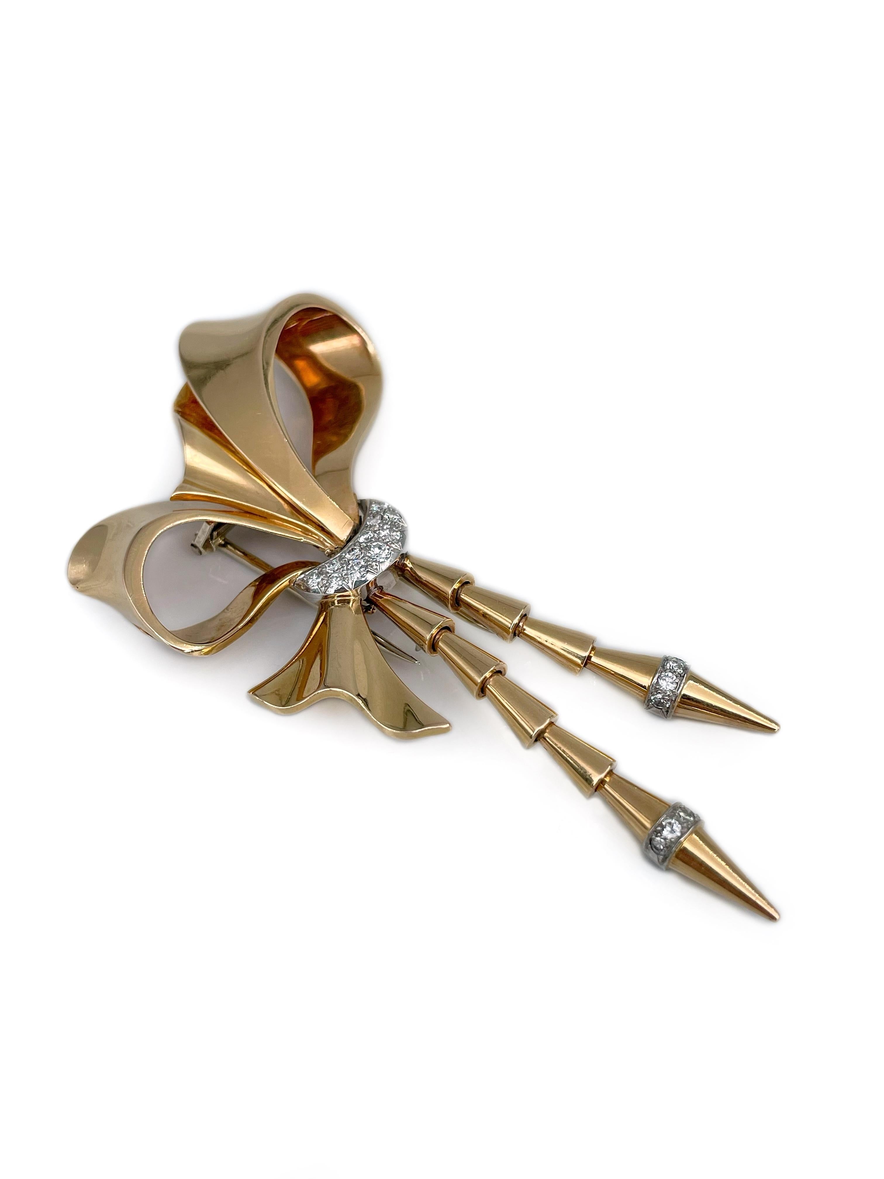 Retro Mid Century 1950s 18 Karat Yellow Gold 0.35 Carat Diamond Bow Shape Pin Brooch For Sale