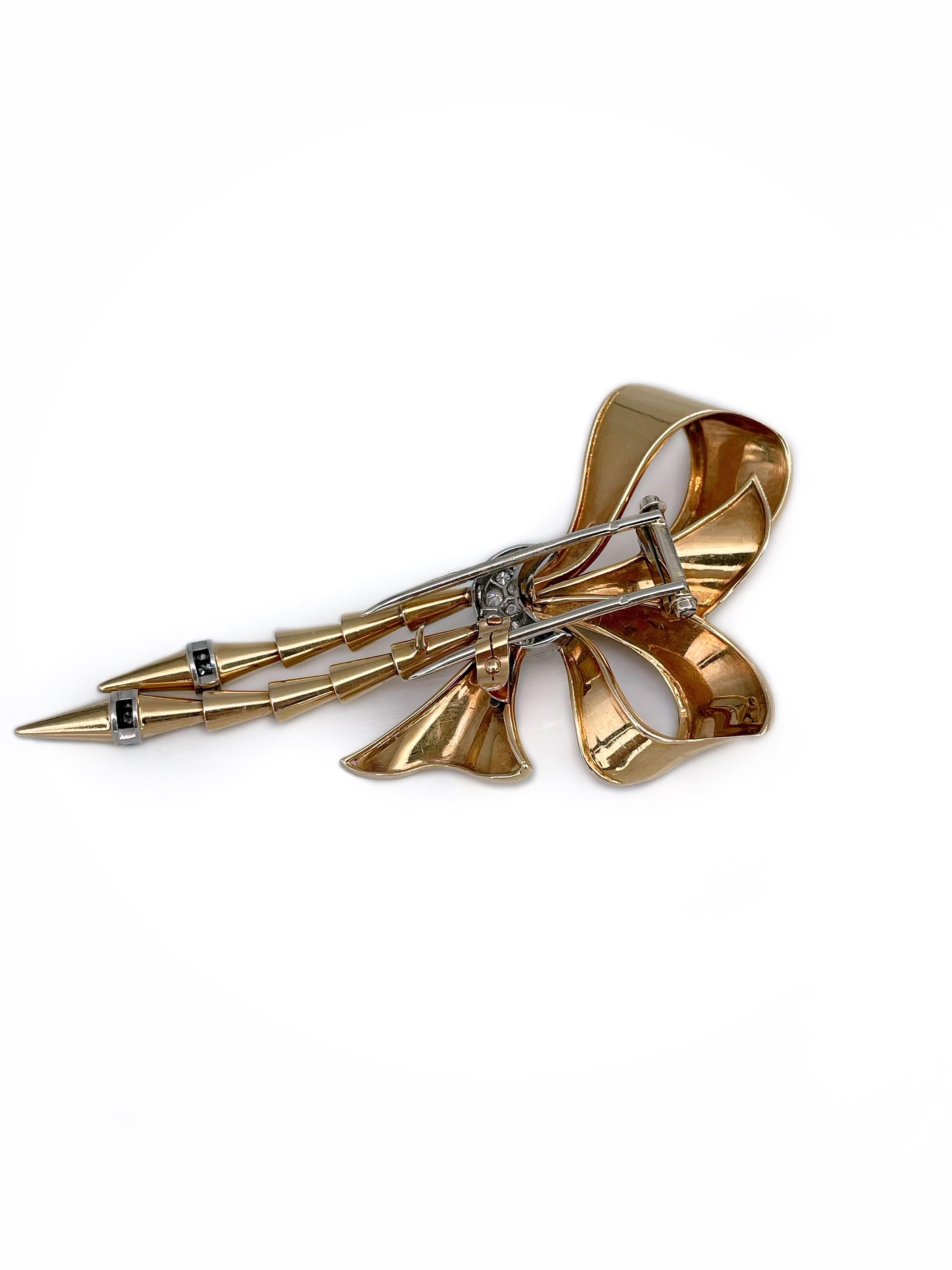 Round Cut Mid Century 1950s 18 Karat Yellow Gold 0.35 Carat Diamond Bow Shape Pin Brooch For Sale