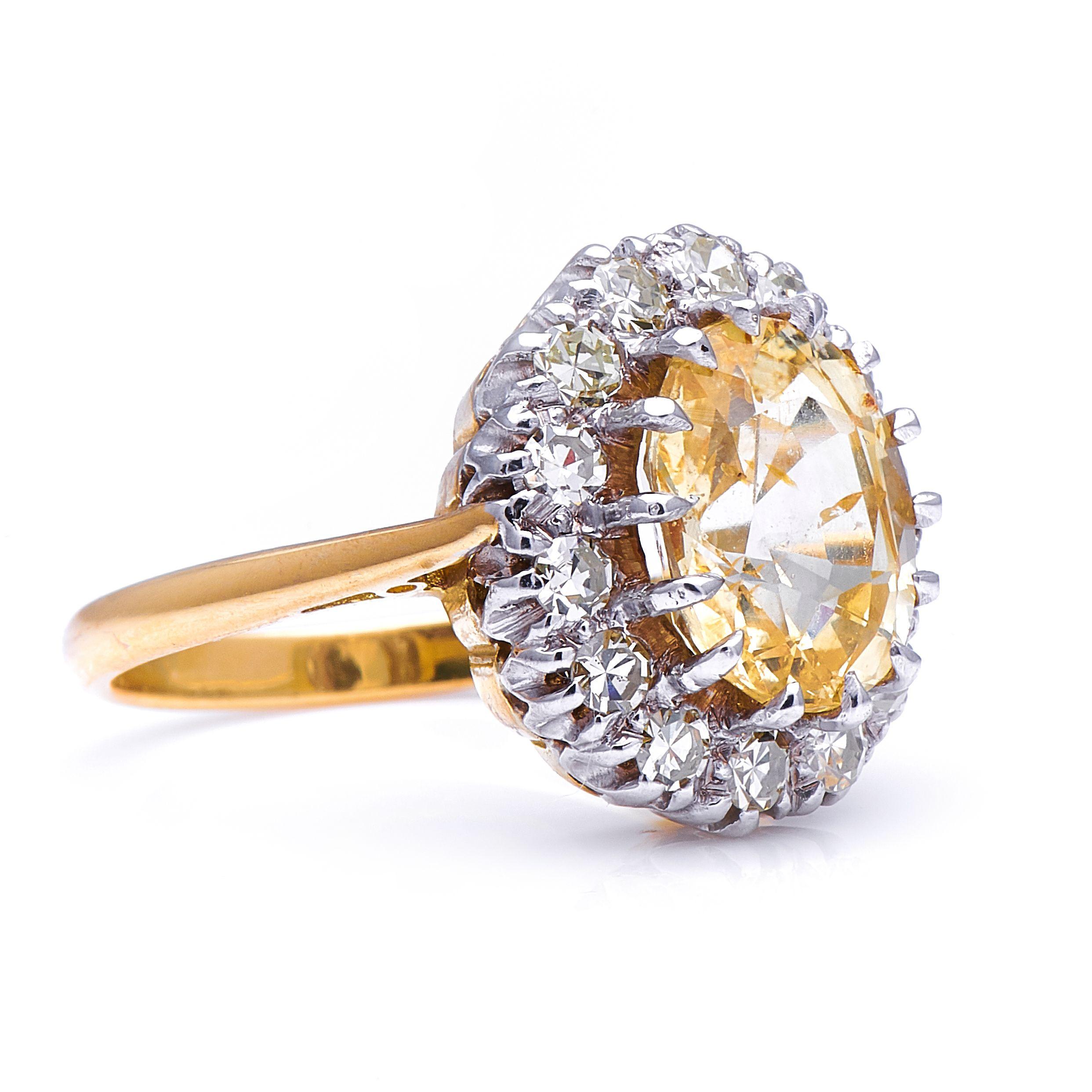 Yellow sapphire and diamond ring, circa 1950. Yellow sapphires owe their colour to trace elements of iron, and can often be found alongside blue sapphires, sometimes with the two colours appearing in different zones within the same crystal. This