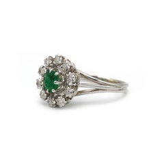 Mid-Century 1950s 18K White Gold Daisy Halo Emerald & Diamond Cocktail Ring