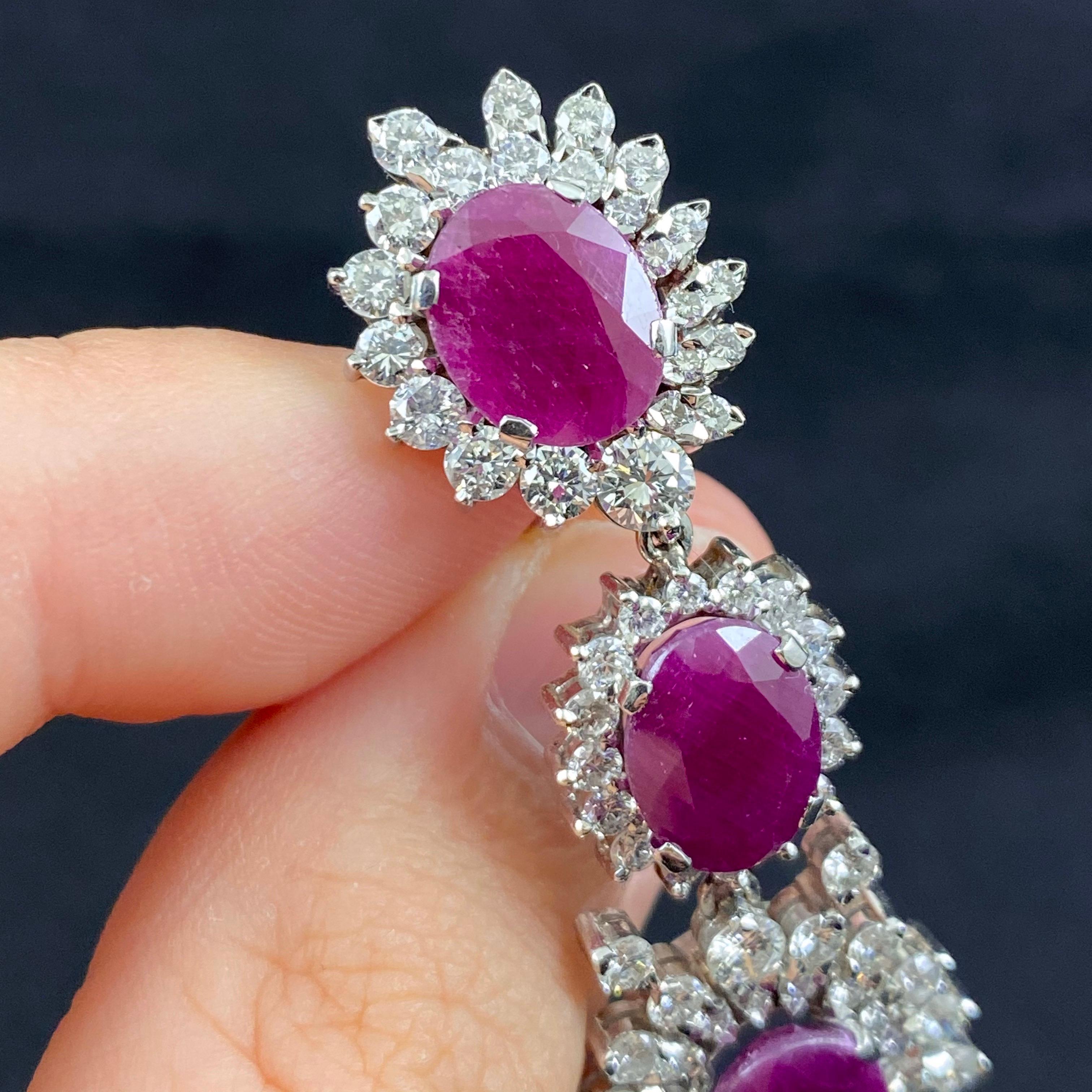 Midcentury 1950s-1960s 15 Carat Ruby 8ct Diamond Cluster Drop Earrings Platinum For Sale 4