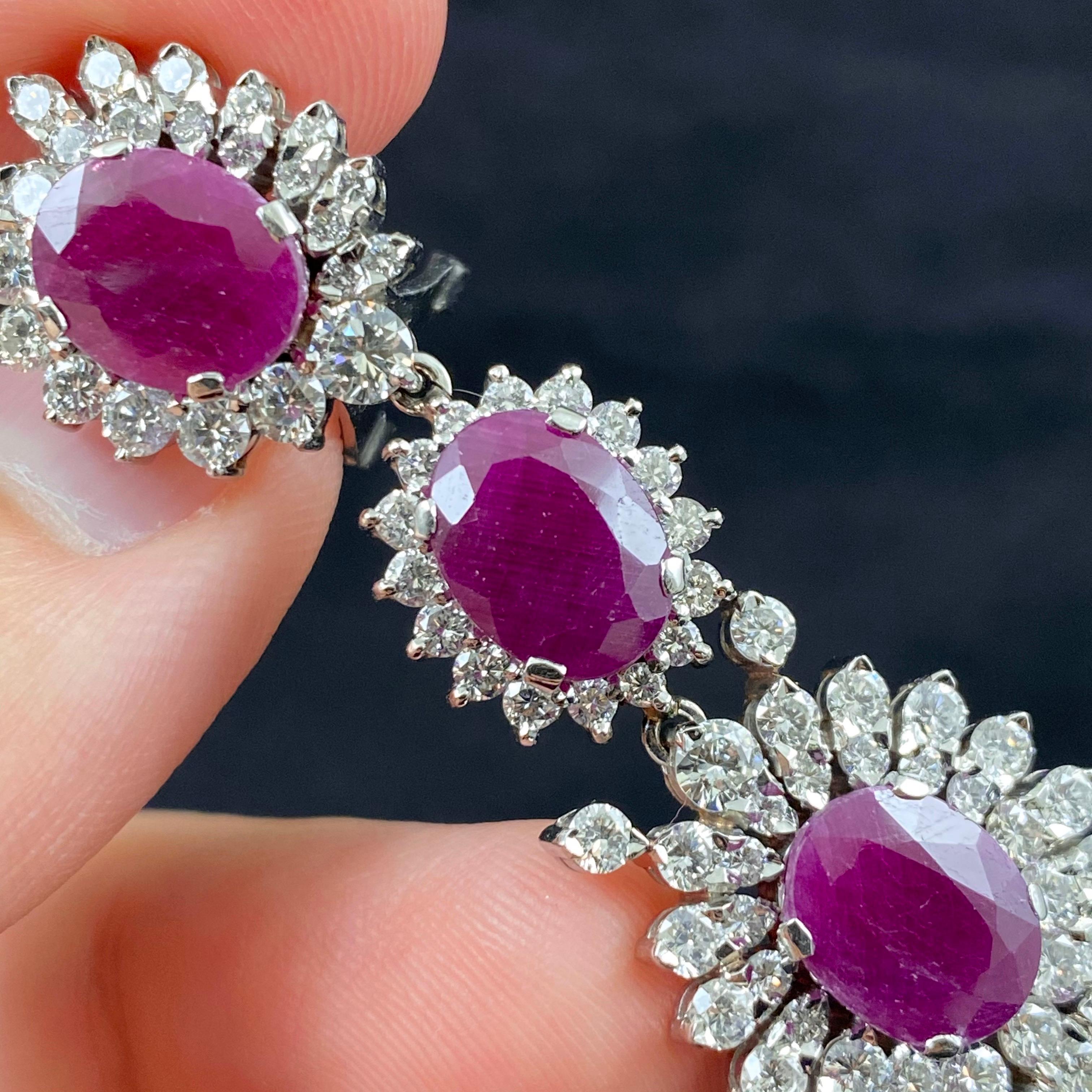 Midcentury 1950s-1960s 15 Carat Ruby 8ct Diamond Cluster Drop Earrings Platinum For Sale 5