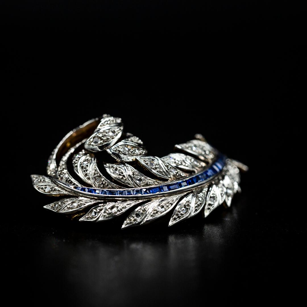 Midcentury 1950s/1960s Feather Plume Sapphire Diamond Brooch Platinum Rose Gold In Good Condition In Lisbon, PT