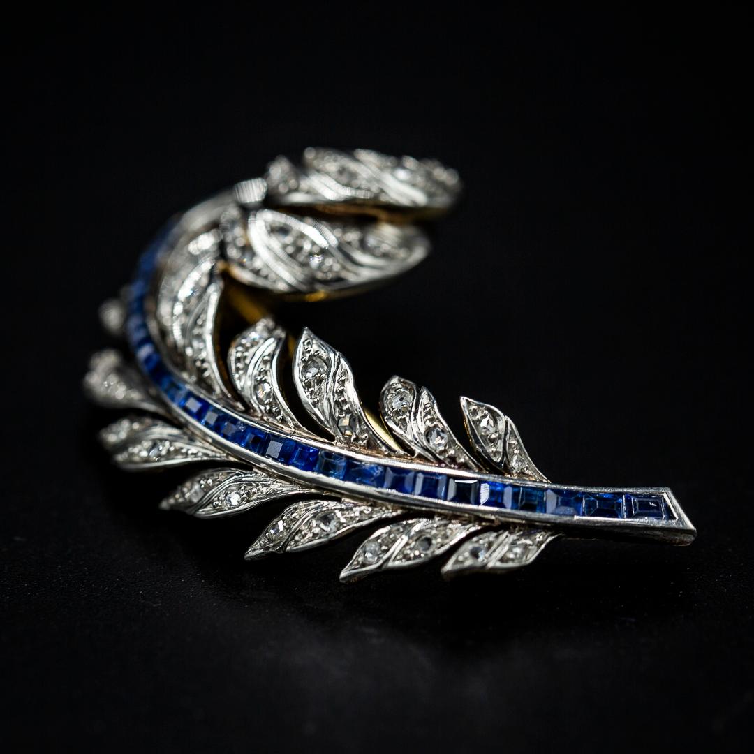 Women's or Men's Midcentury 1950s/1960s Feather Plume Sapphire Diamond Brooch Platinum Rose Gold