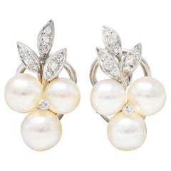 Mid-Century 1950's Diamond Pearl 18 Karat White Gold Foliate Ear-Clip Earrings