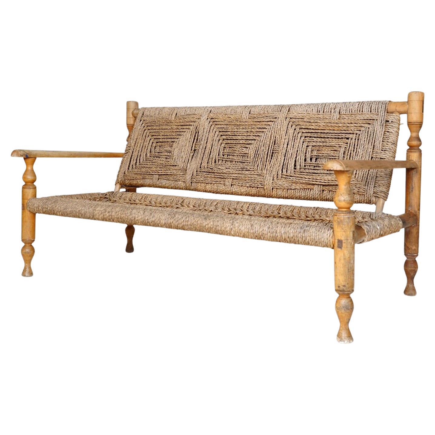 Mid-Century 1950s French Bench Adrien Audoux and Frida Minnet - Rush Seat For Sale