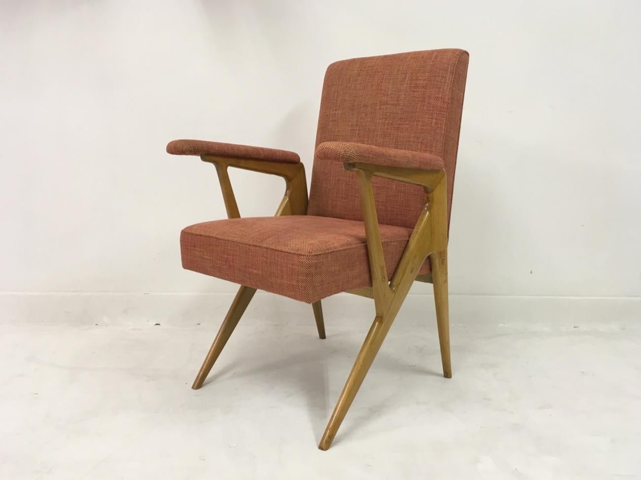 Geometric shaped armchair
New upholstery
Probably Italian,
1950s
Measures: Seat height 46cm.