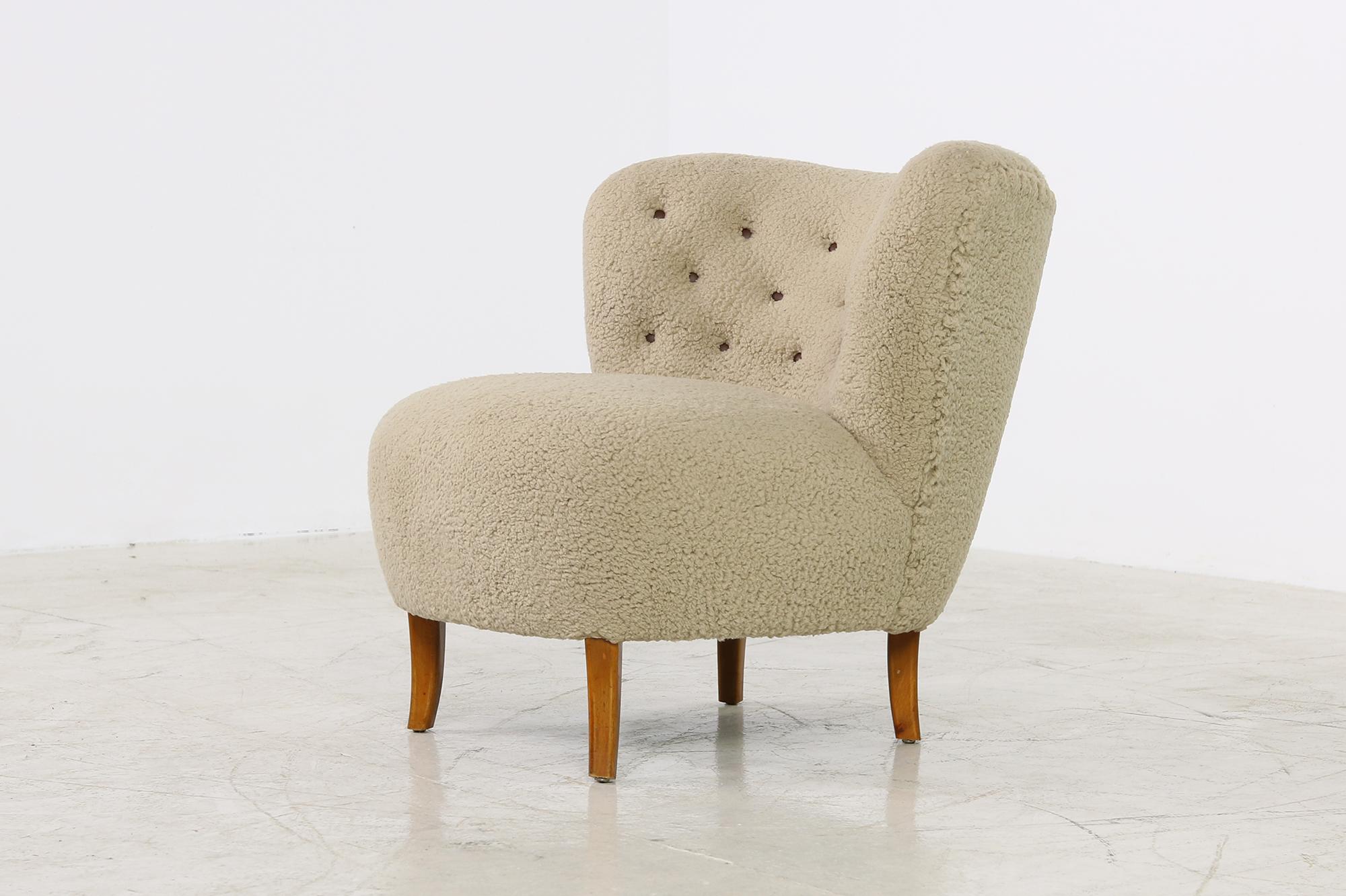 Midcentury 1950s Gosta Jonsson Lounge Chair, Teddy Fur & Leather, Rare Vintage 2