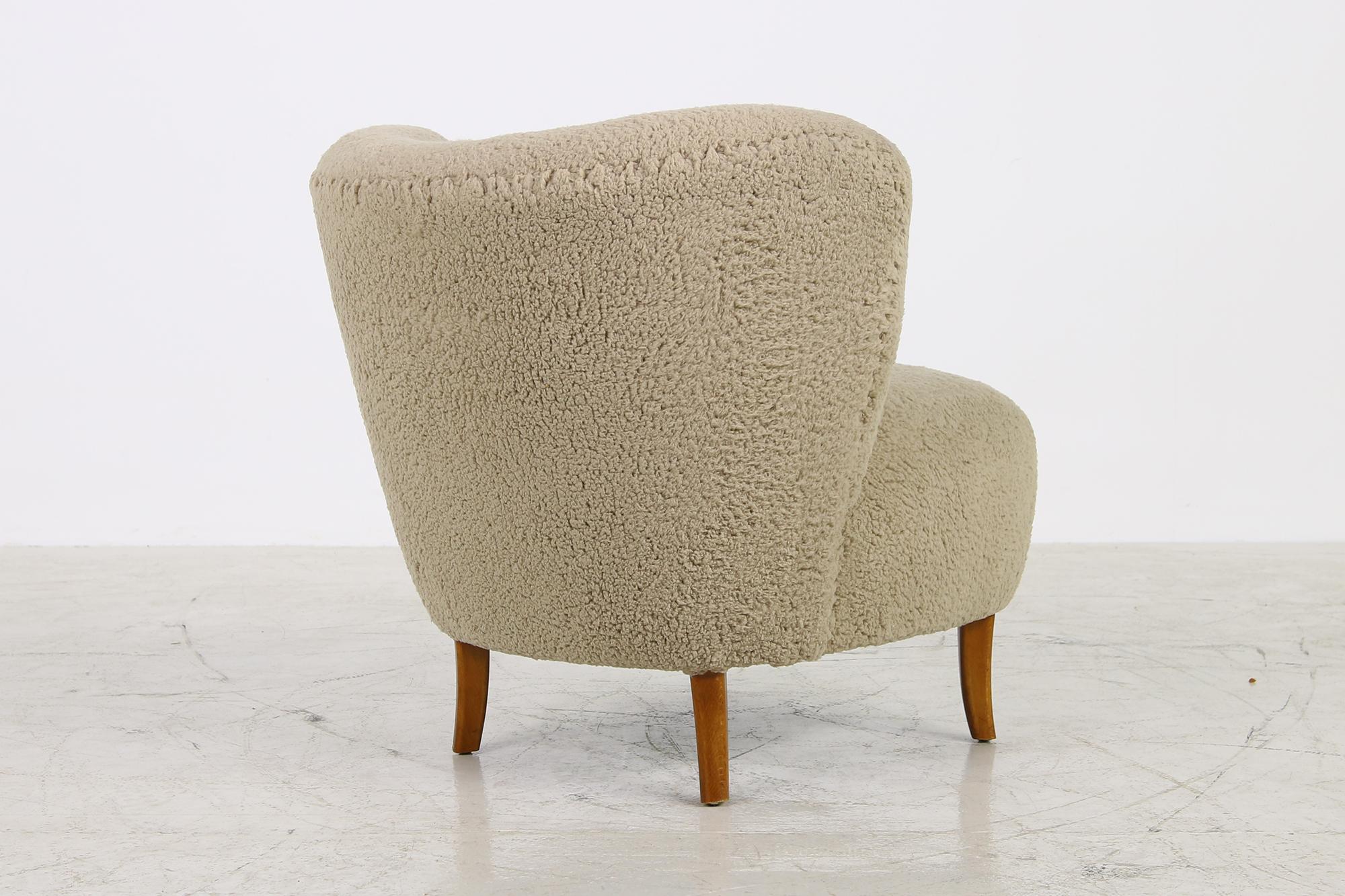 Swedish Midcentury 1950s Gosta Jonsson Lounge Chair, Teddy Fur & Leather, Rare Vintage
