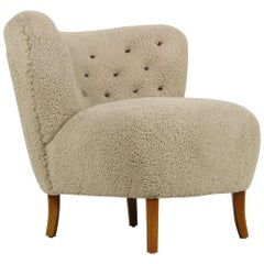 Midcentury 1950s Gosta Jonsson Lounge Chair, Teddy Fur & Leather, Rare Vintage