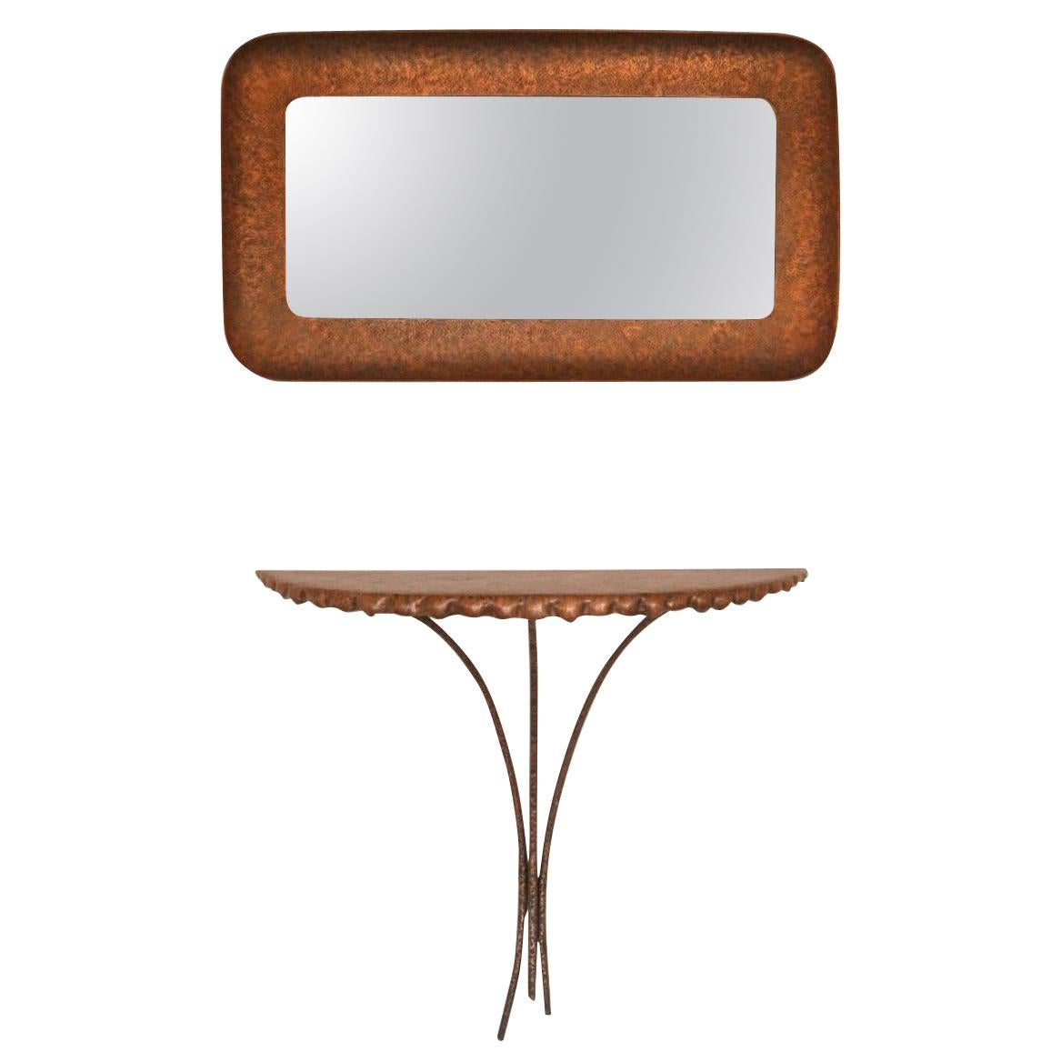 Midcentury 1950s Hammered Copper Console Table and Mirror by Angelo Bragalini