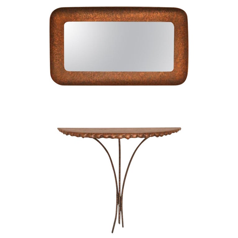 Midcentury 1950s Hammered Copper Console Table and Mirror by Angelo