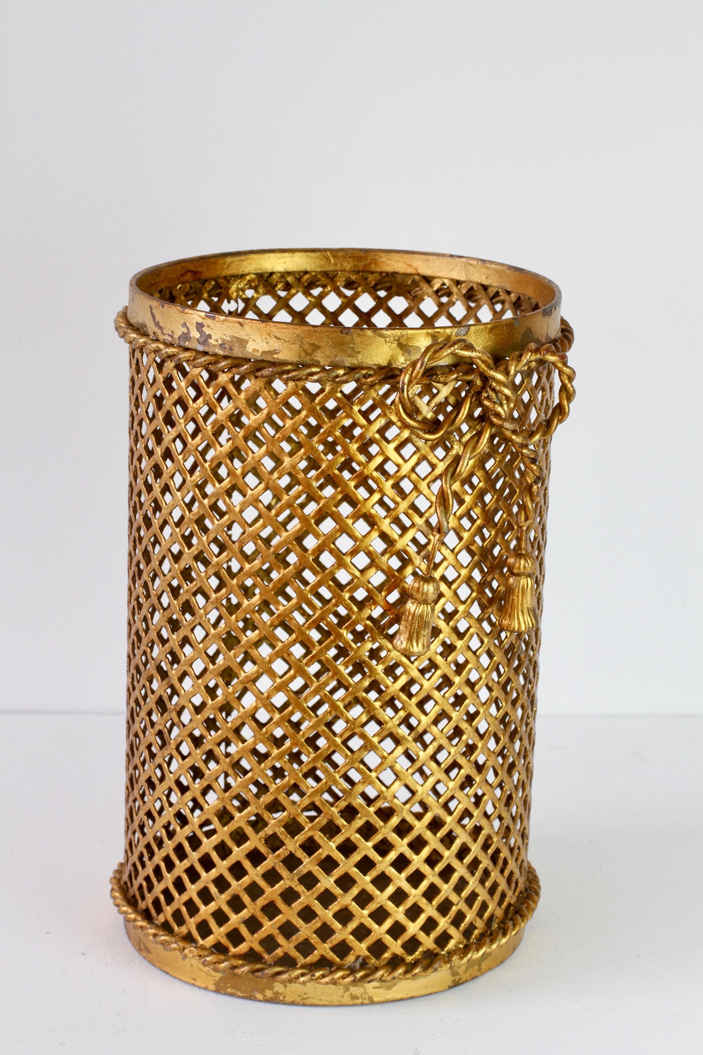 French Mid-Century 1950s Hollywood Regency Italian Gold Gilded Waste Paper Basket