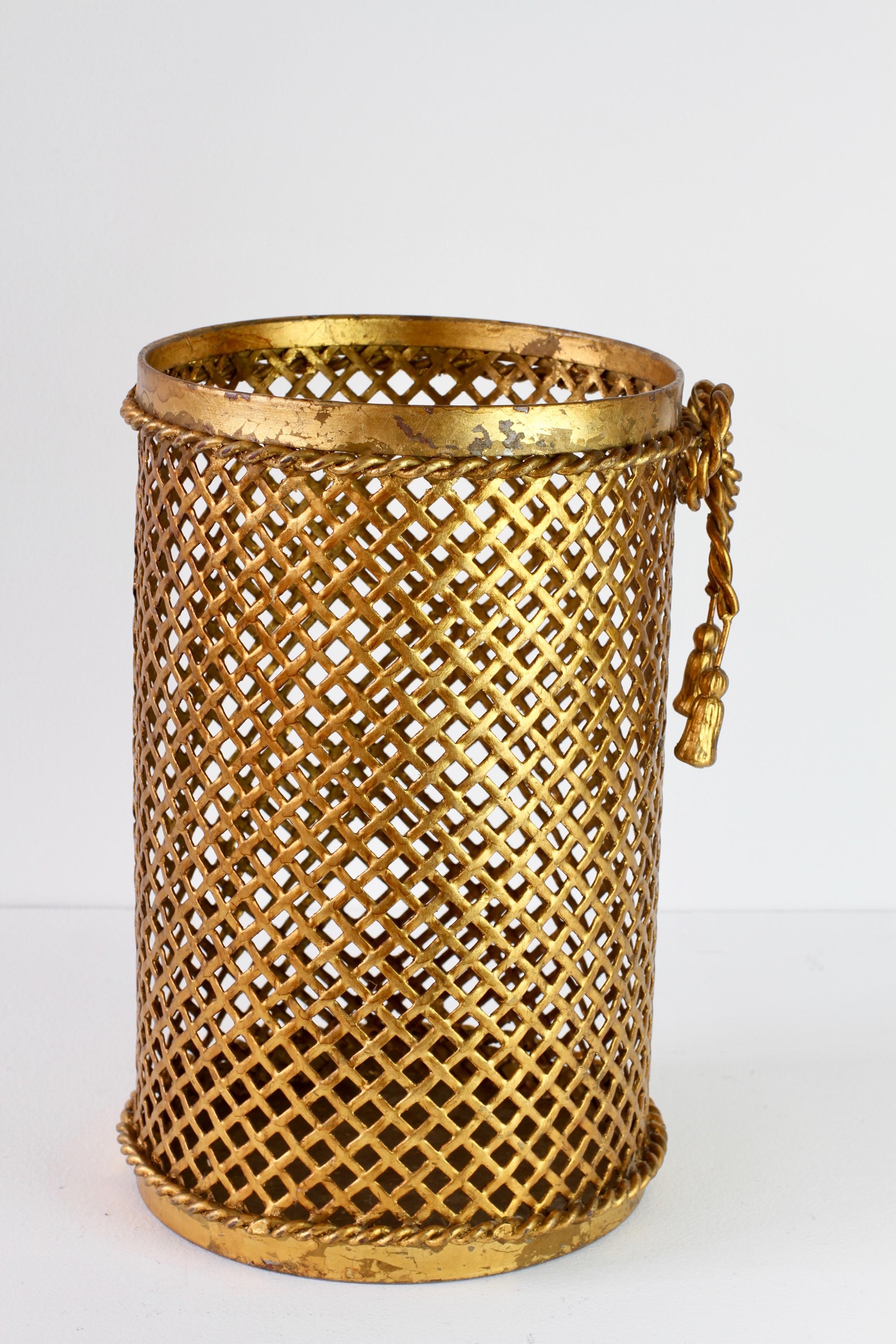 Gilt Mid-Century 1950s Hollywood Regency Italian Gold Gilded Waste Paper Basket