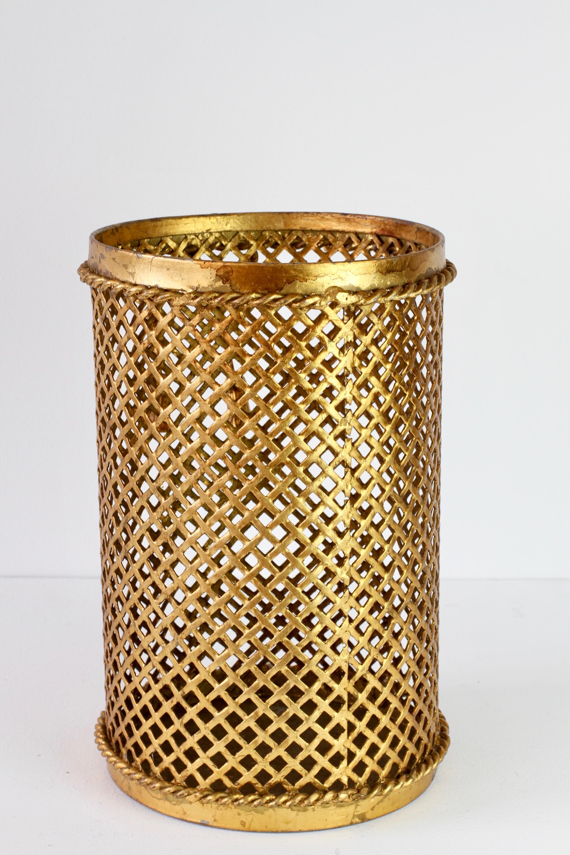 20th Century Mid-Century 1950s Hollywood Regency Italian Gold Gilded Waste Paper Basket