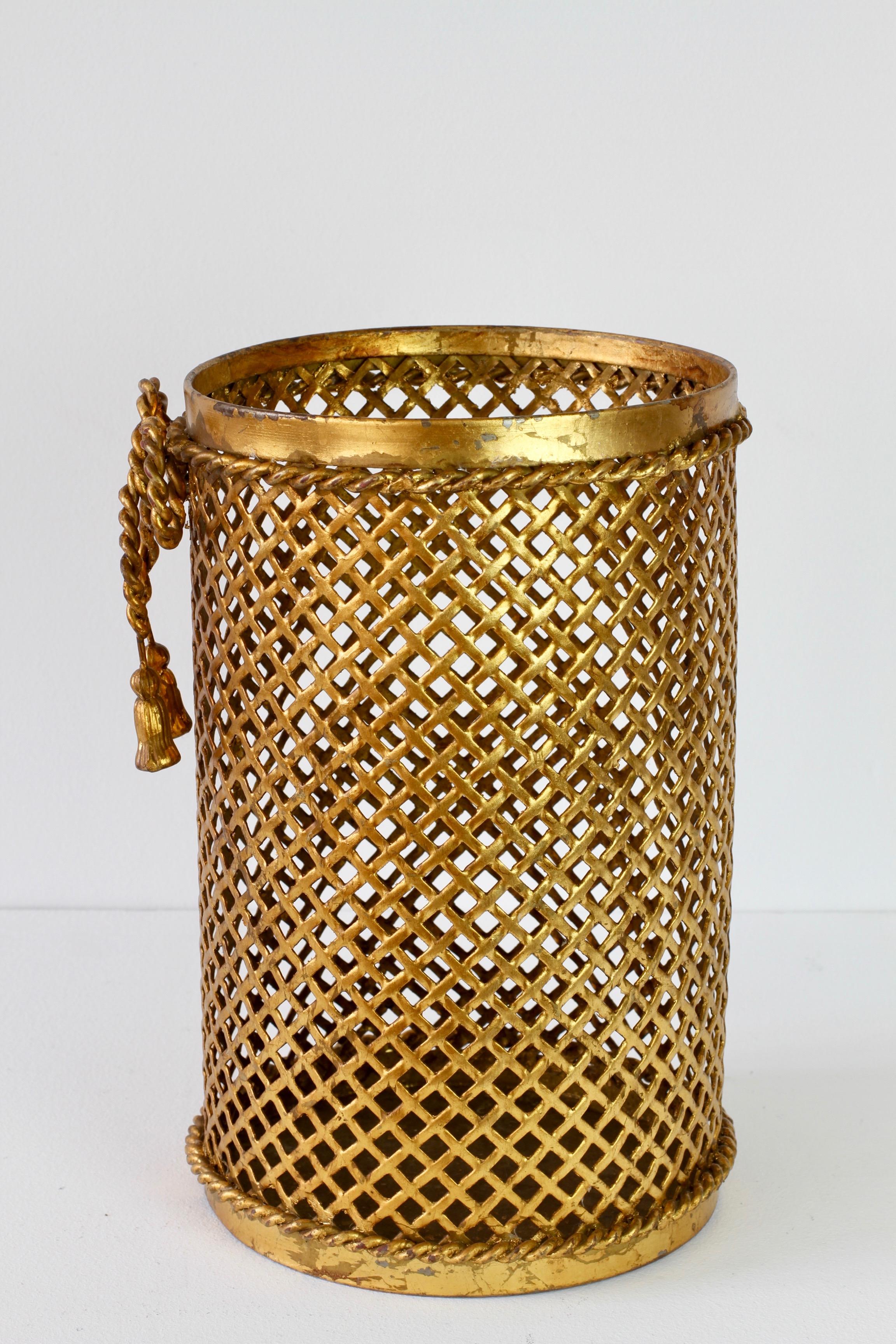 Wrought Iron Mid-Century 1950s Hollywood Regency Italian Gold Gilded Waste Paper Basket