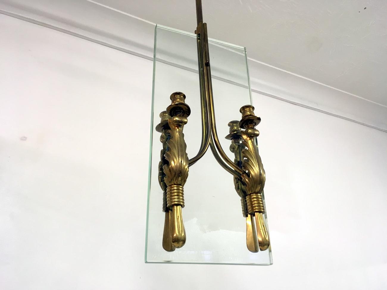 Midcentury 1950s Italian Brass and Glass Ceiling Light In Good Condition For Sale In London, London