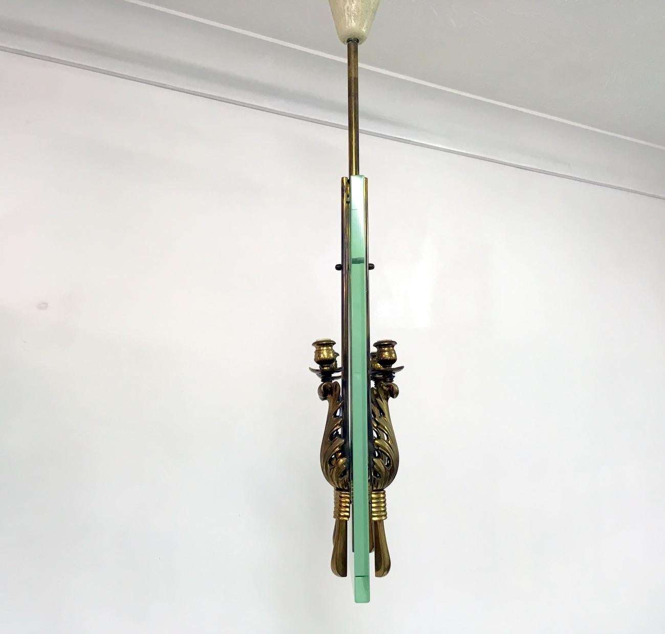 Midcentury 1950s Italian Brass and Glass Ceiling Light For Sale 2