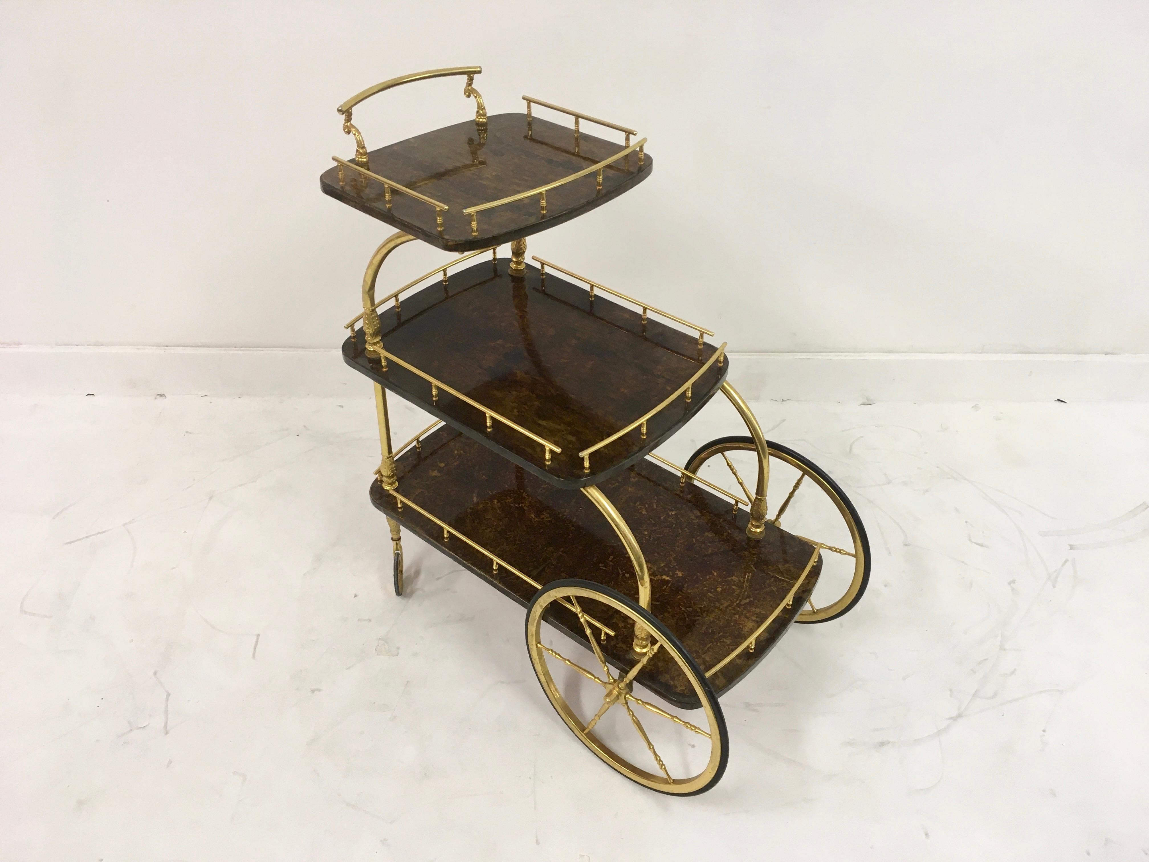 Midcentury 1950s Italian Brown Lacquered Goatskin Trolley by Aldo Tura 4