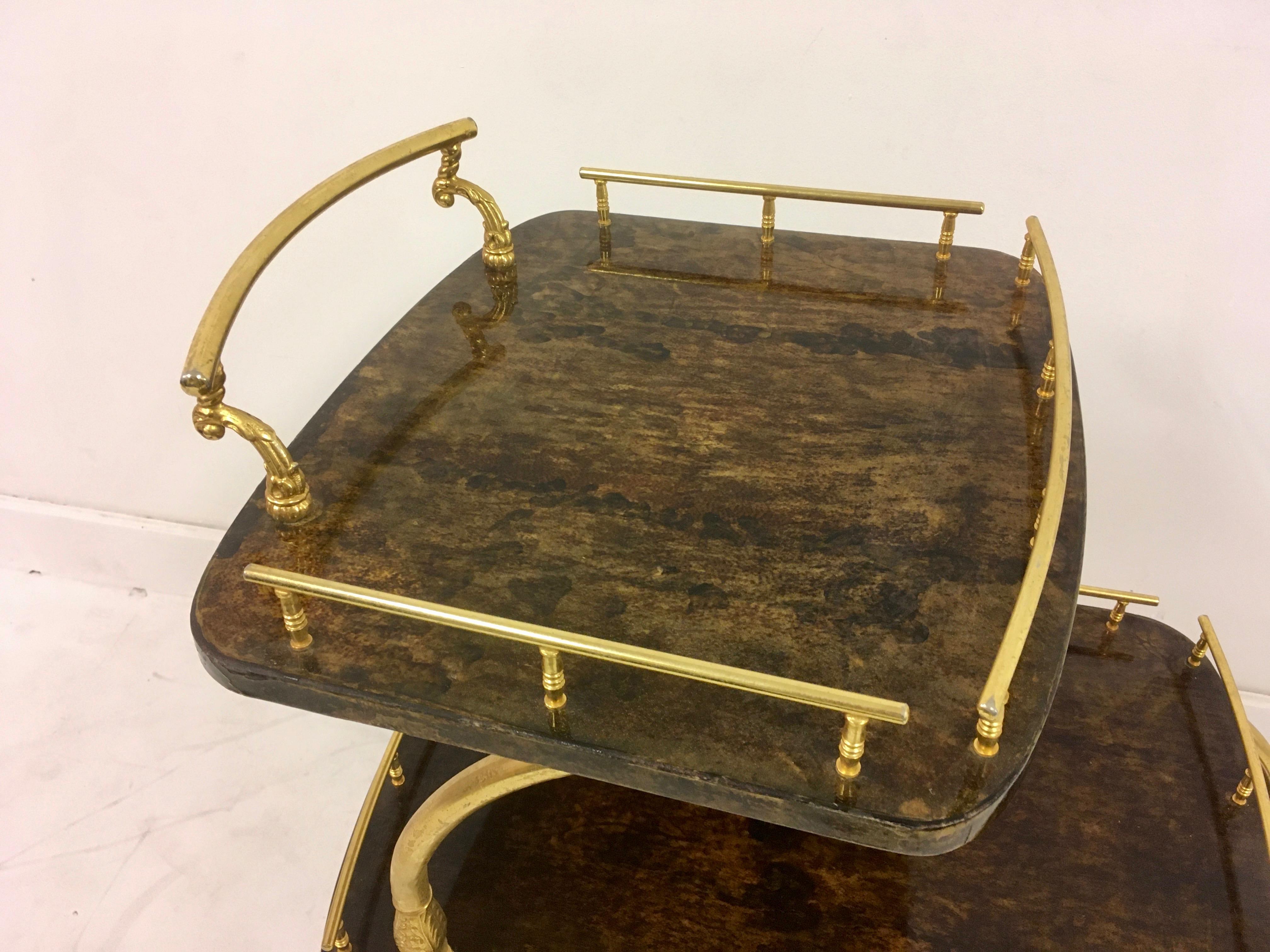 Gilt Midcentury 1950s Italian Brown Lacquered Goatskin Trolley by Aldo Tura