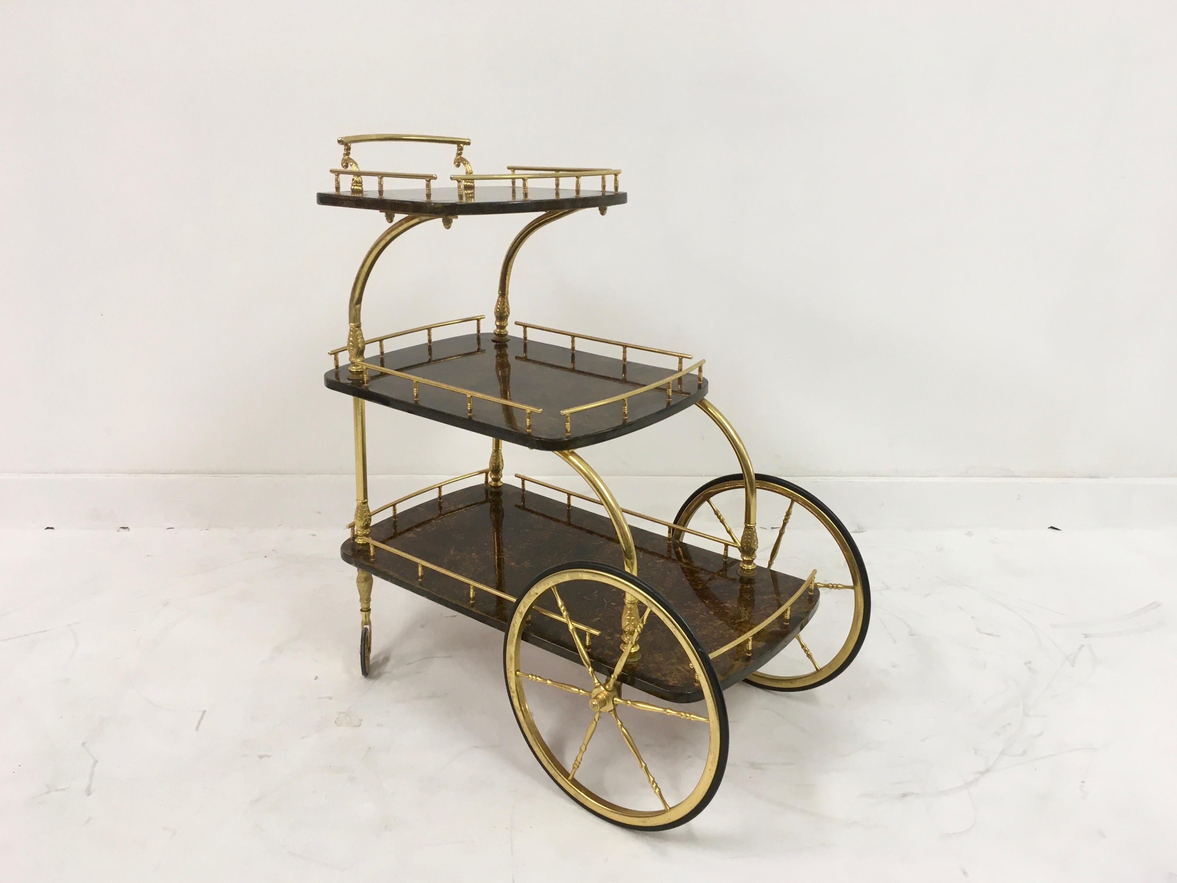 Midcentury 1950s Italian Brown Lacquered Goatskin Trolley by Aldo Tura 1