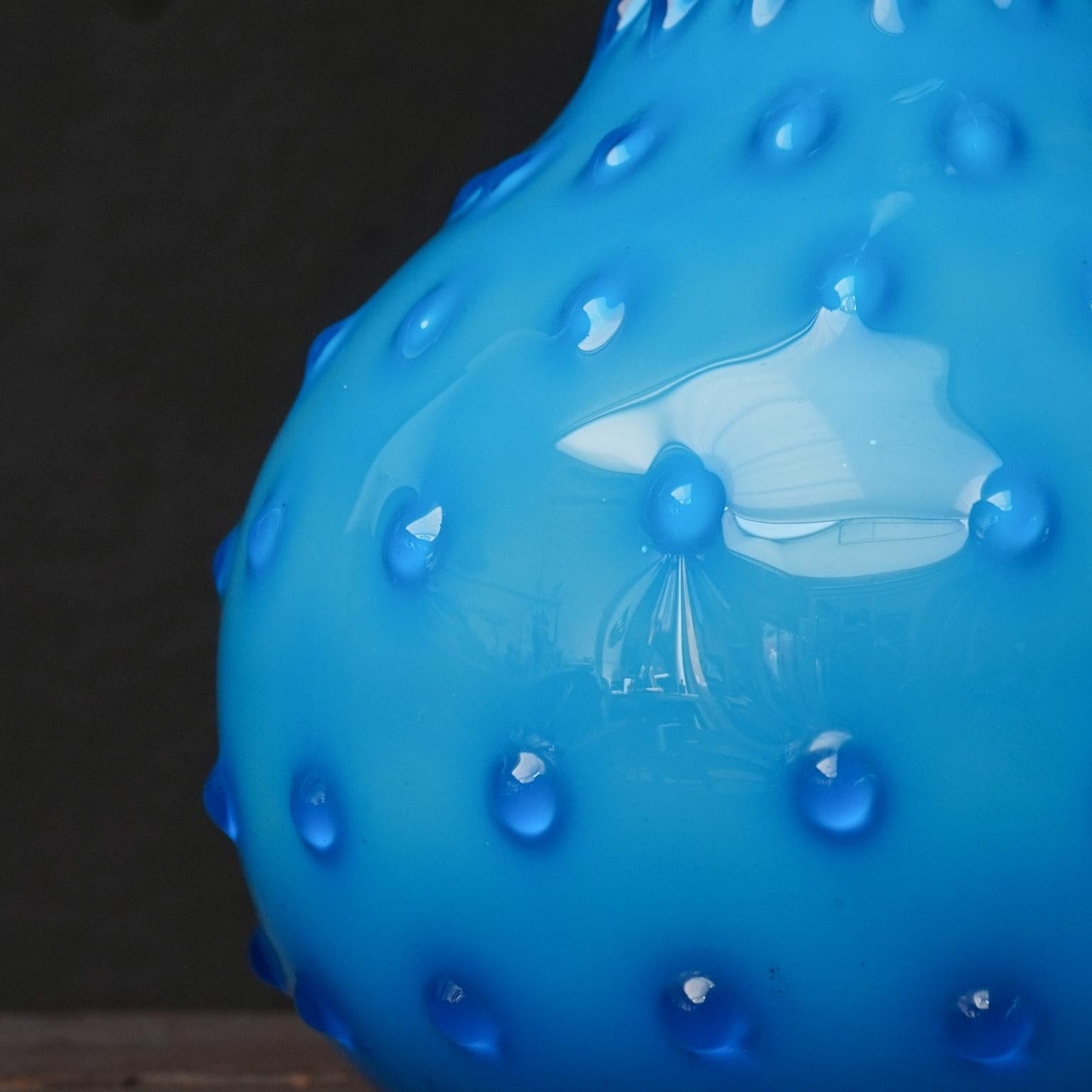 Mid Century 1950s Italian Empoli Bright Blue Cased Glass Handblown Hobnail Vase 4