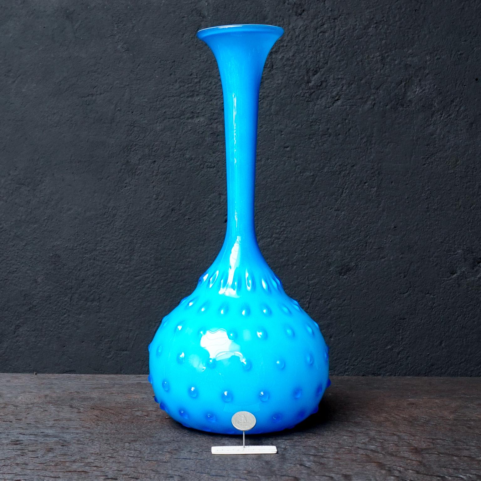 Mid-Century Modern Mid Century 1950s Italian Empoli Bright Blue Cased Glass Handblown Hobnail Vase