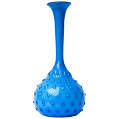Vintage Mid Century 1950s Italian Empoli Bright Blue Cased Glass Handblown Hobnail Vase