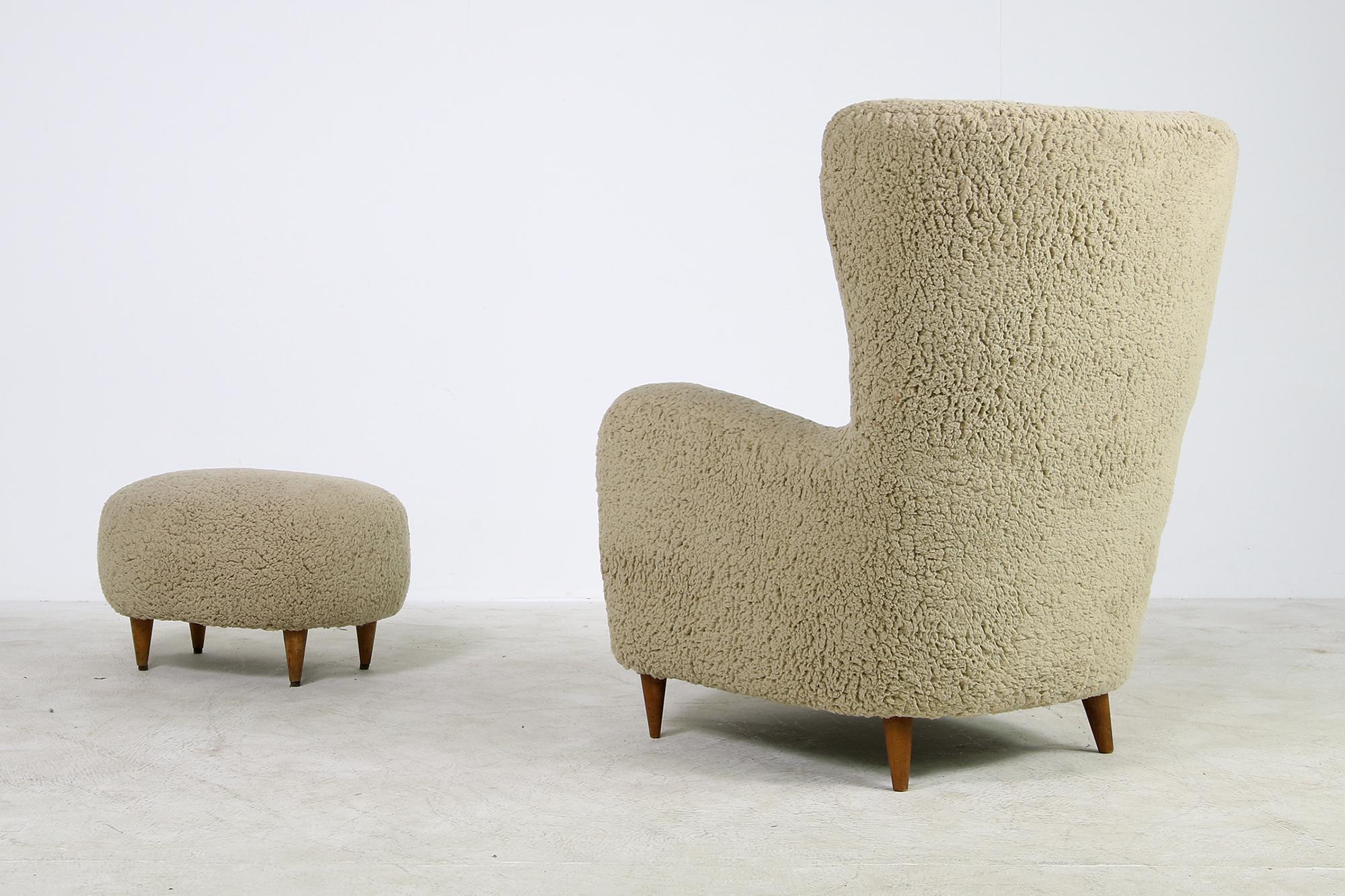 Beautiful 1950s Italian midcentury lounge chair, new upholstery and new fabric, teddy fur cotton fabric, super soft to the touch, like sheepskin, tufted with leather buttons, super cozy, great natural tones, matching stool, both with beech wood