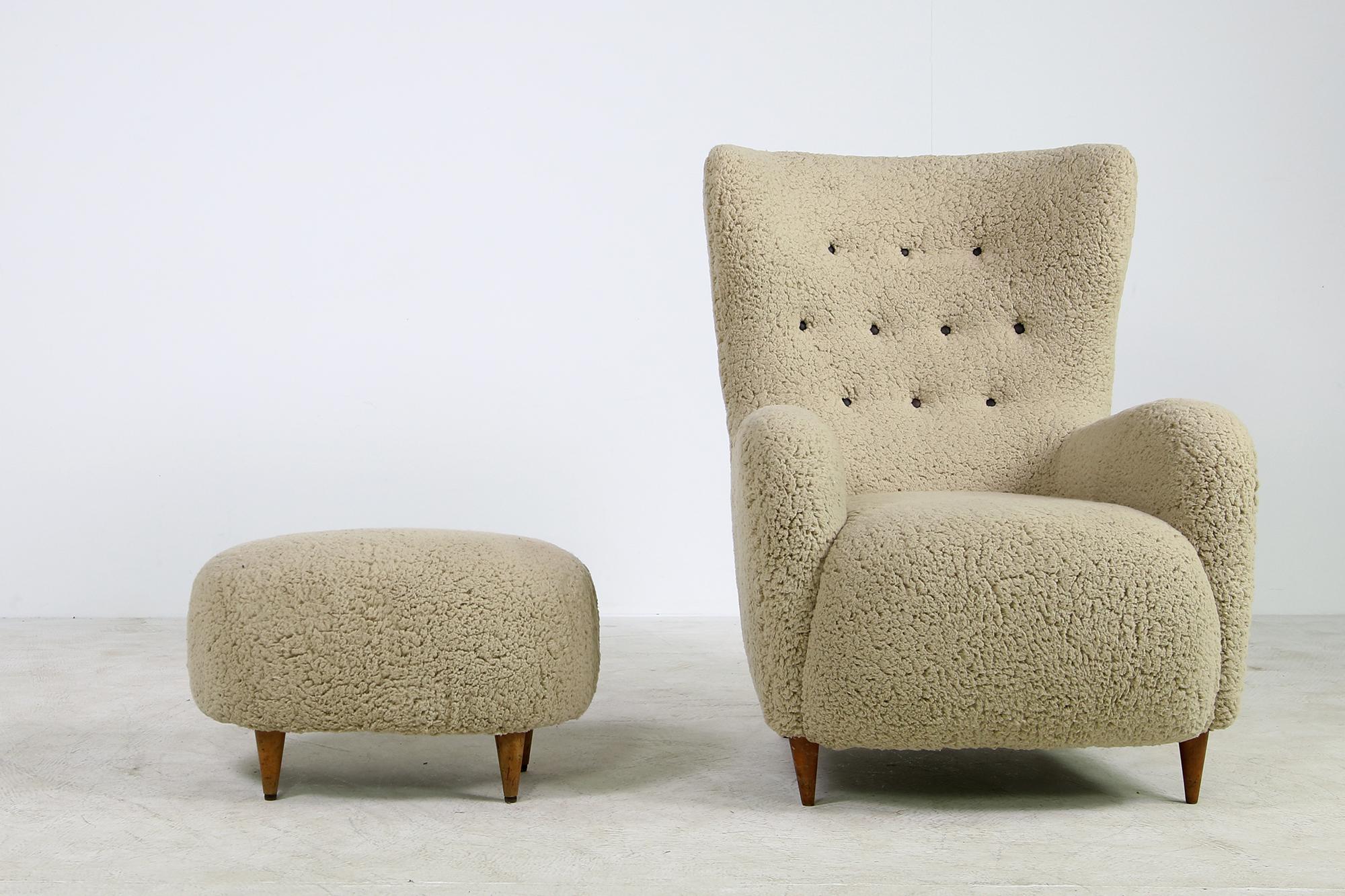 20th Century Mid Century 1950s Italian Lounge Chair & Stool Teddy Fur & Leather, Sheepskin