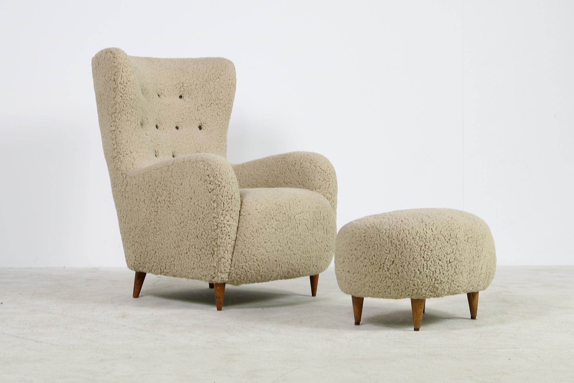 Mid Century 1950s Italian Lounge Chair & Stool Teddy Fur & Leather, Sheepskin 1