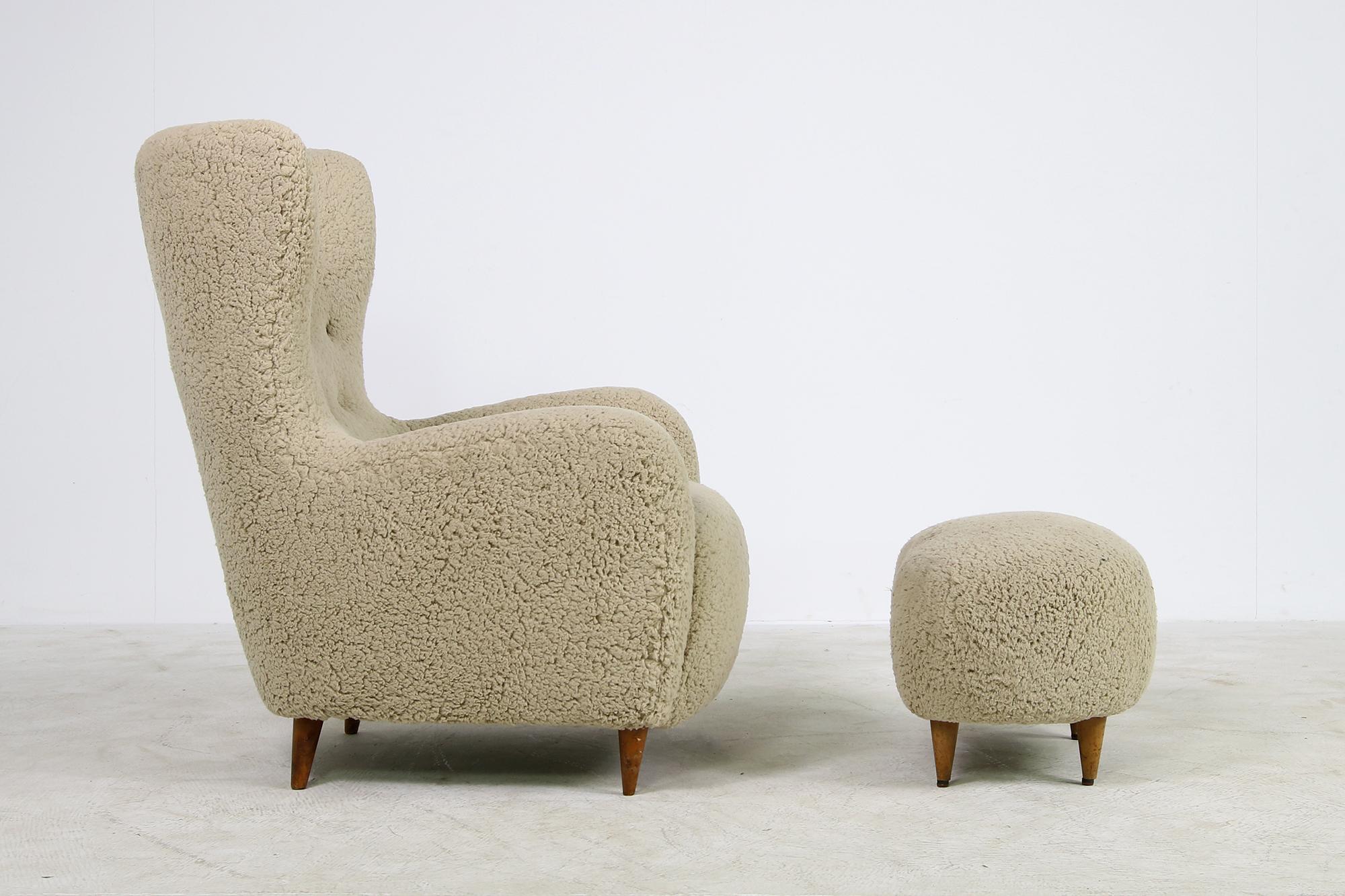 Mid Century 1950s Italian Lounge Chair & Stool Teddy Fur & Leather, Sheepskin 2