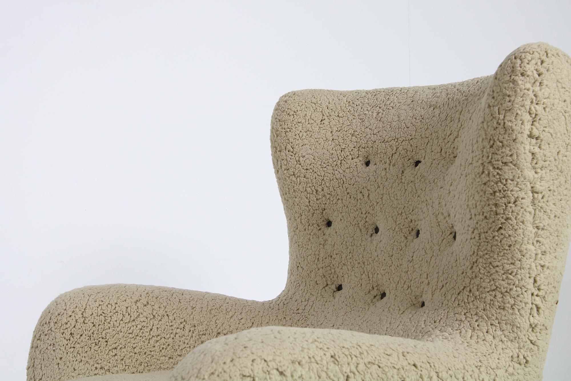 Mid Century 1950s Italian Lounge Chair & Stool Teddy Fur & Leather, Sheepskin 3