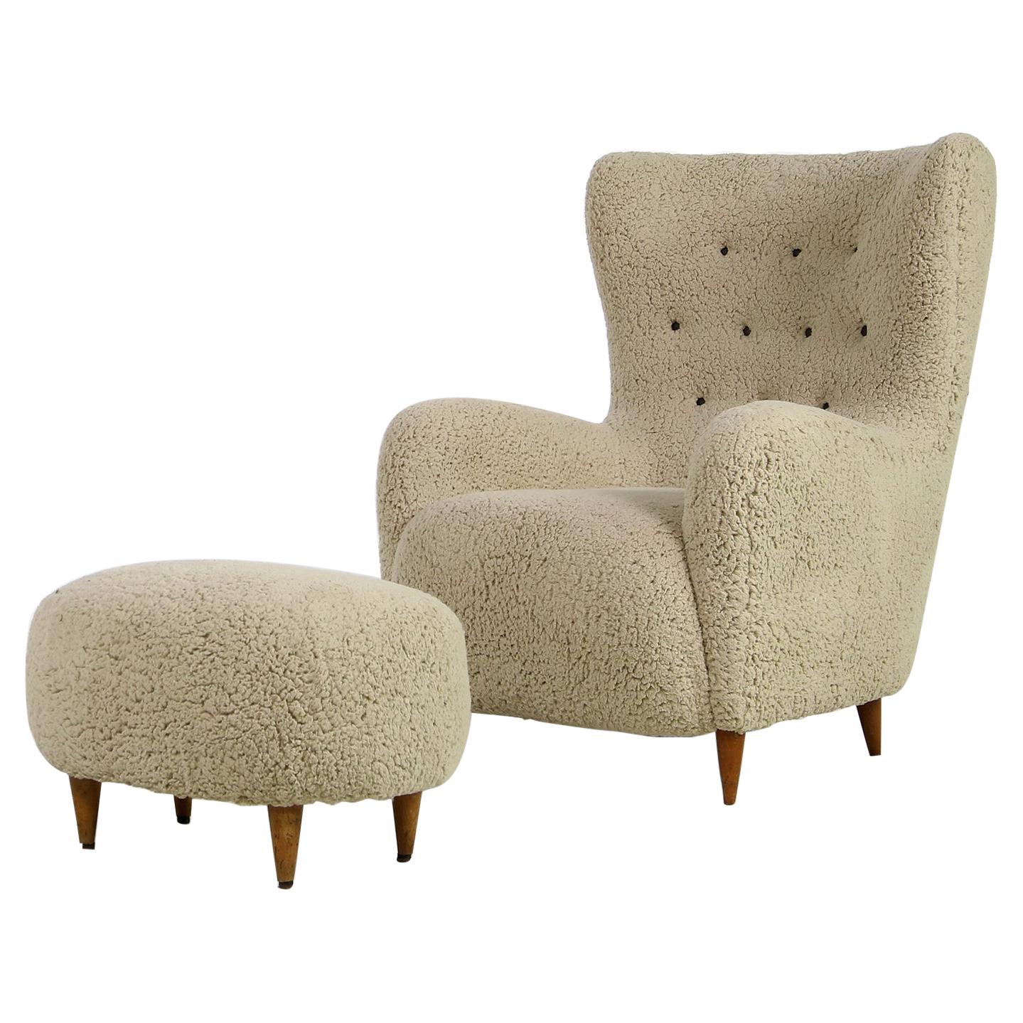 Mid Century 1950s Italian Lounge Chair & Stool Teddy Fur & Leather, Sheepskin