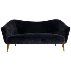 Midcentury 1950s Italian Sofa in Blue Silk Velvet