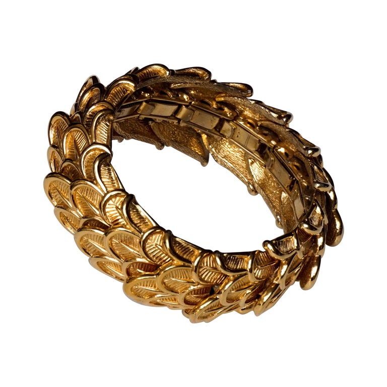 Midcentury 1950s Ny Marcel Boucher Gold Plated Peacock Feather Stretch  Bracelet For Sale at 1stDibs