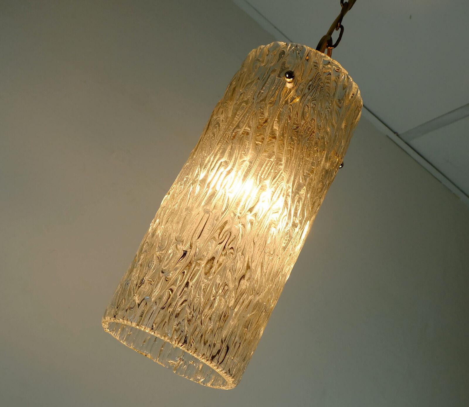 Midcentury 1950s Pendant Lamp Kalmar Franken Ice Glass Textured Glass Brass For Sale 4