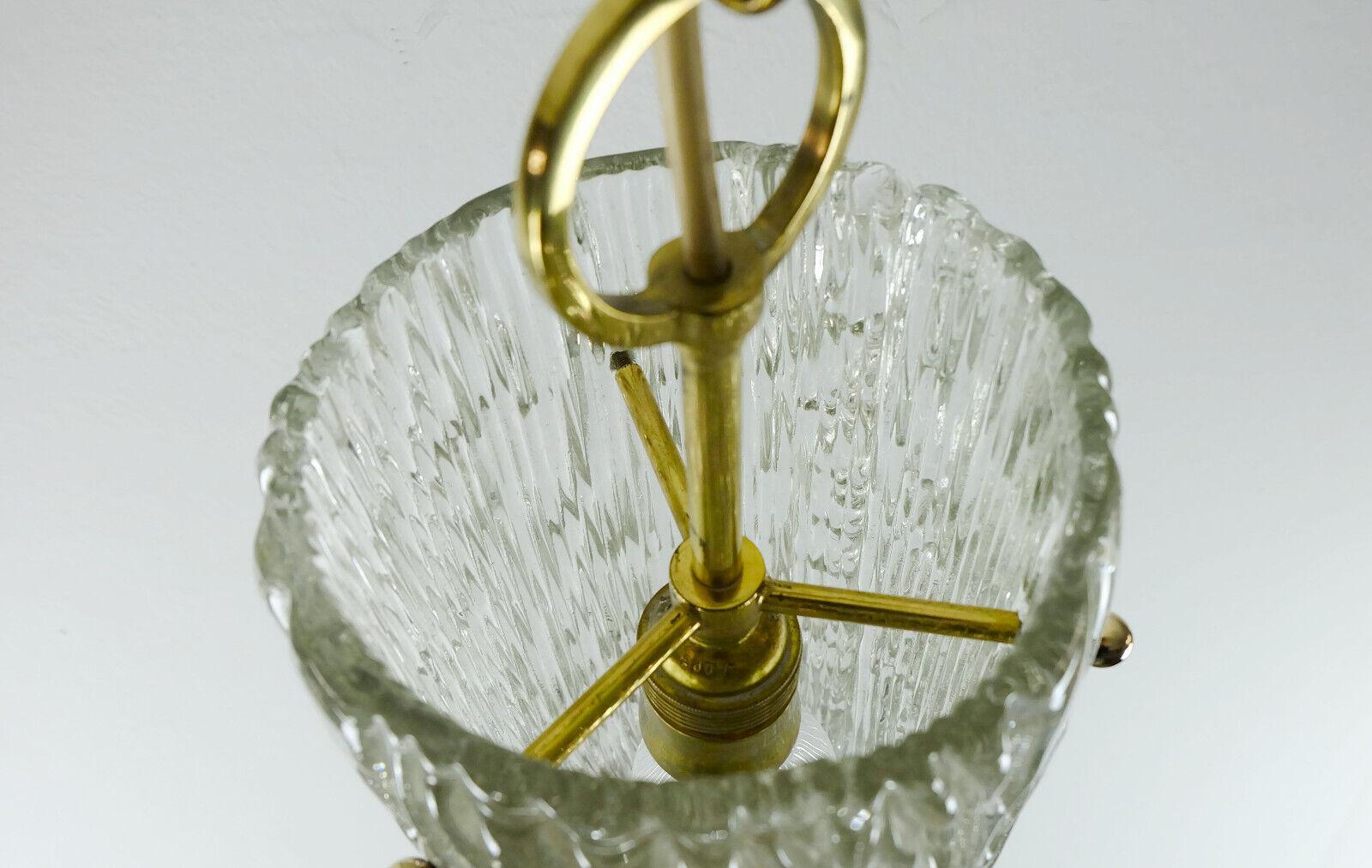Mid-Century Modern Midcentury 1950s Pendant Lamp Kalmar Franken Ice Glass Textured Glass Brass For Sale