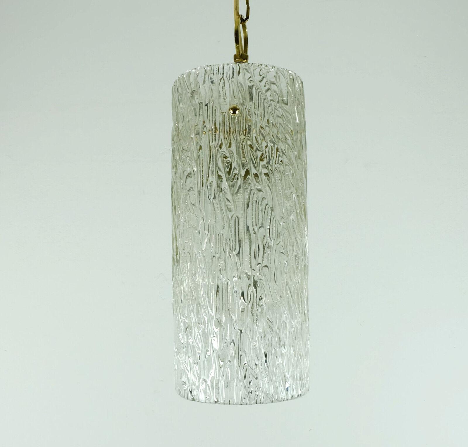 German Midcentury 1950s Pendant Lamp Kalmar Franken Ice Glass Textured Glass Brass For Sale
