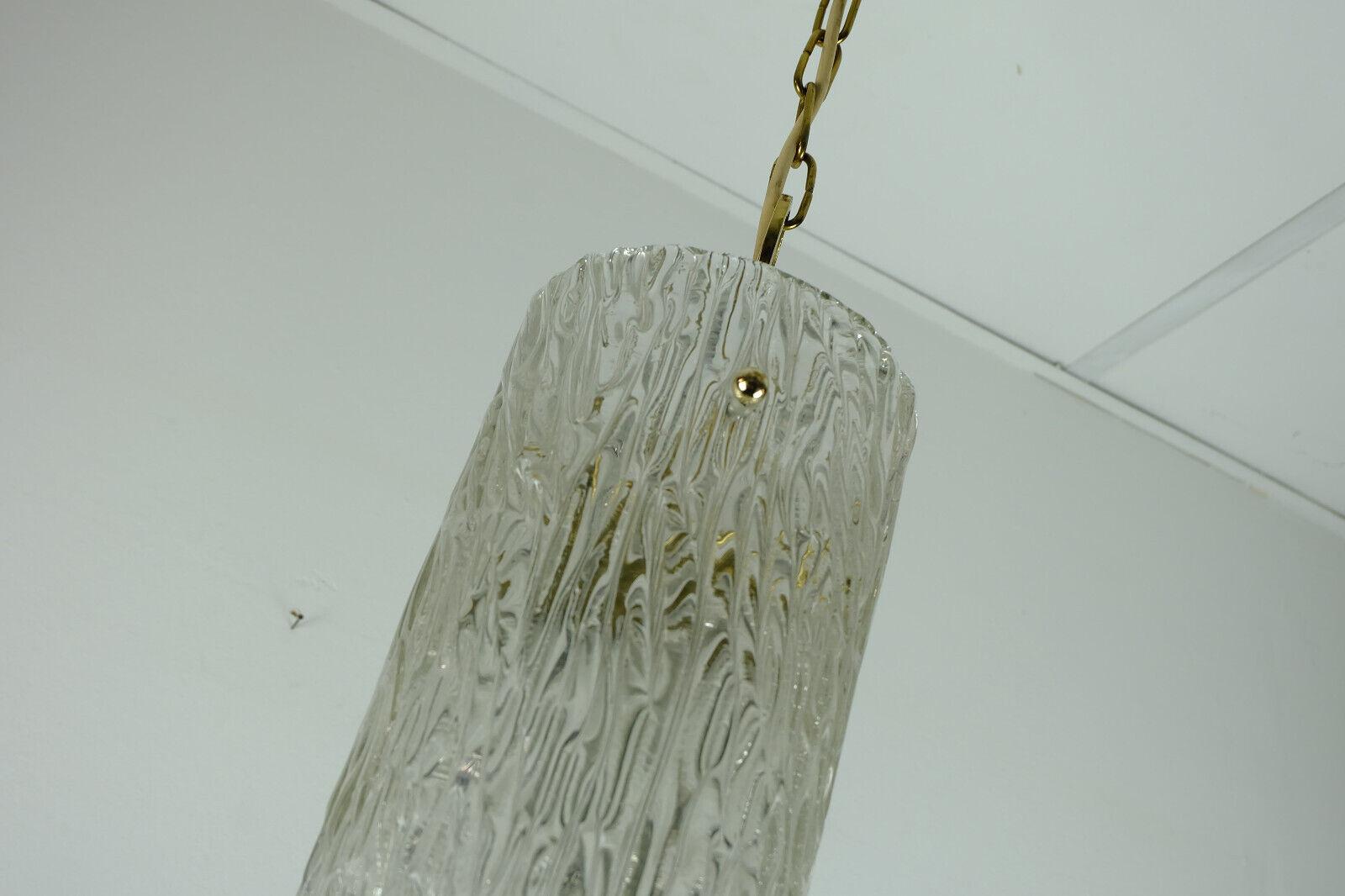 Mid-20th Century Midcentury 1950s Pendant Lamp Kalmar Franken Ice Glass Textured Glass Brass For Sale