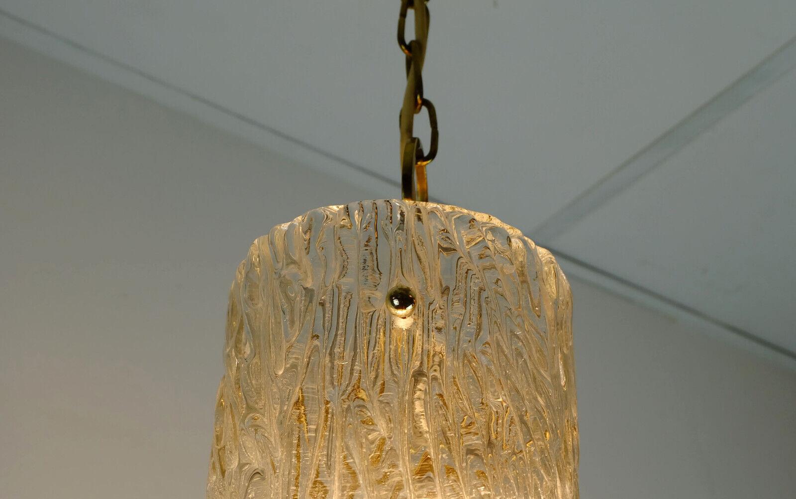 Midcentury 1950s Pendant Lamp Kalmar Franken Ice Glass Textured Glass Brass For Sale 1