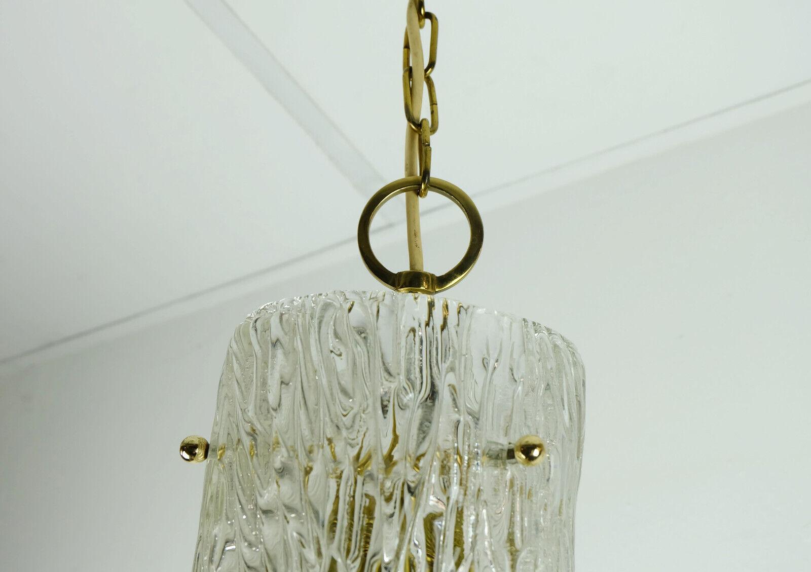 Midcentury 1950s Pendant Lamp Kalmar Franken Ice Glass Textured Glass Brass For Sale 2