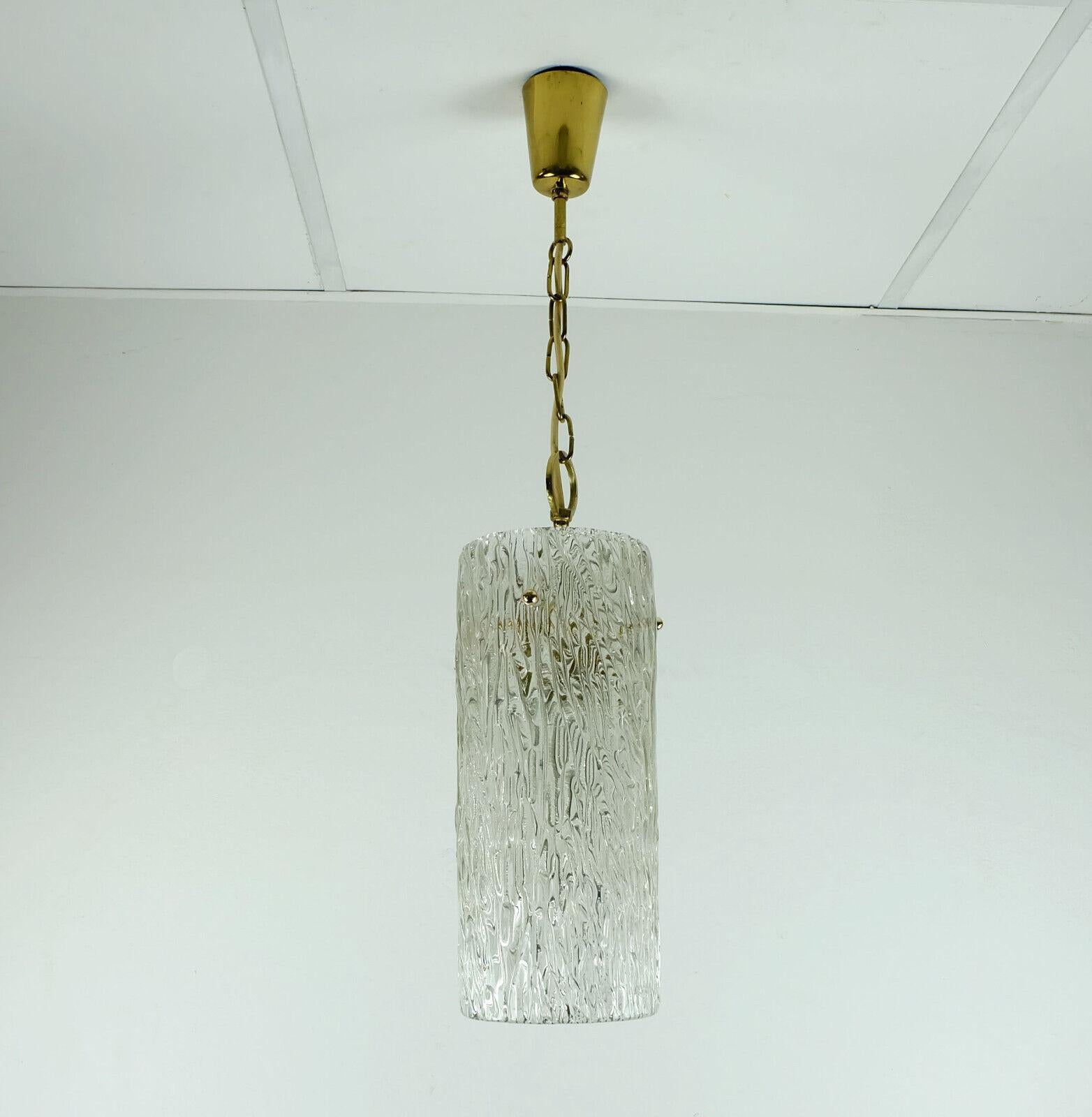 Midcentury 1950s Pendant Lamp Kalmar Franken Ice Glass Textured Glass Brass For Sale 3