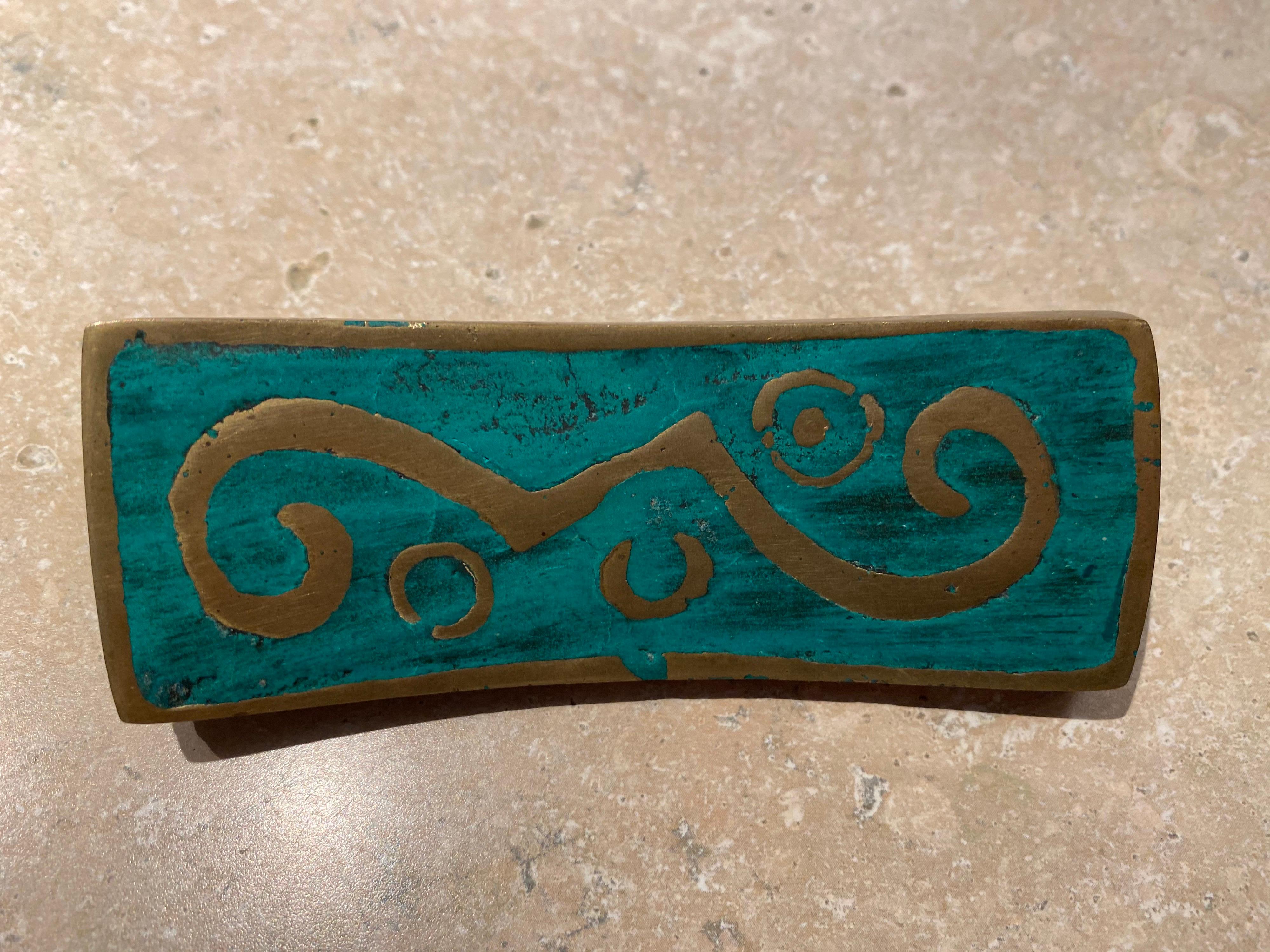 Gorgeous vintage Pepe Mendoza decorative brass pull handle with turquoise ceramic inlay.