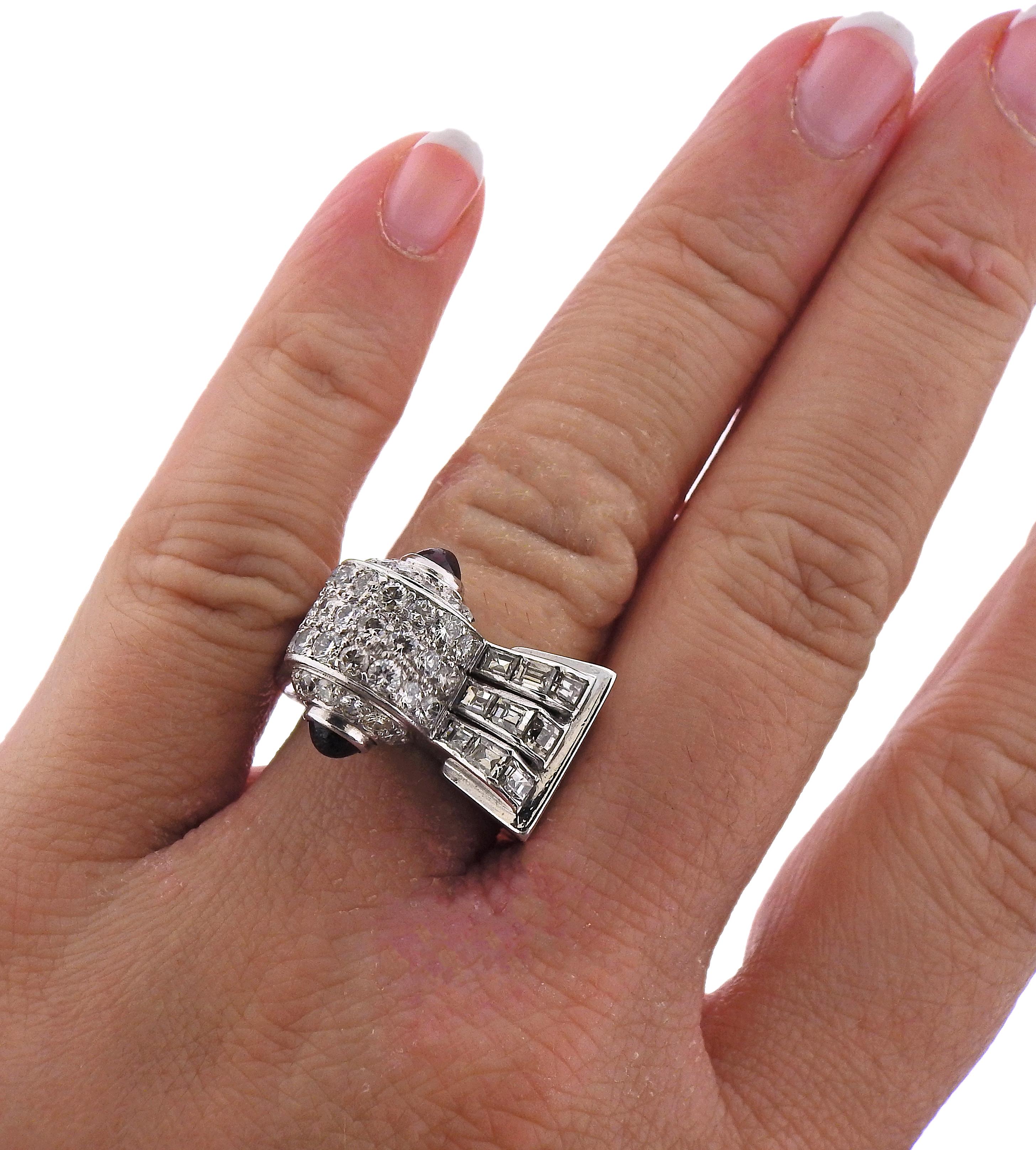 Mid Century 1950s Ruby Diamond Platinum Ring For Sale 1