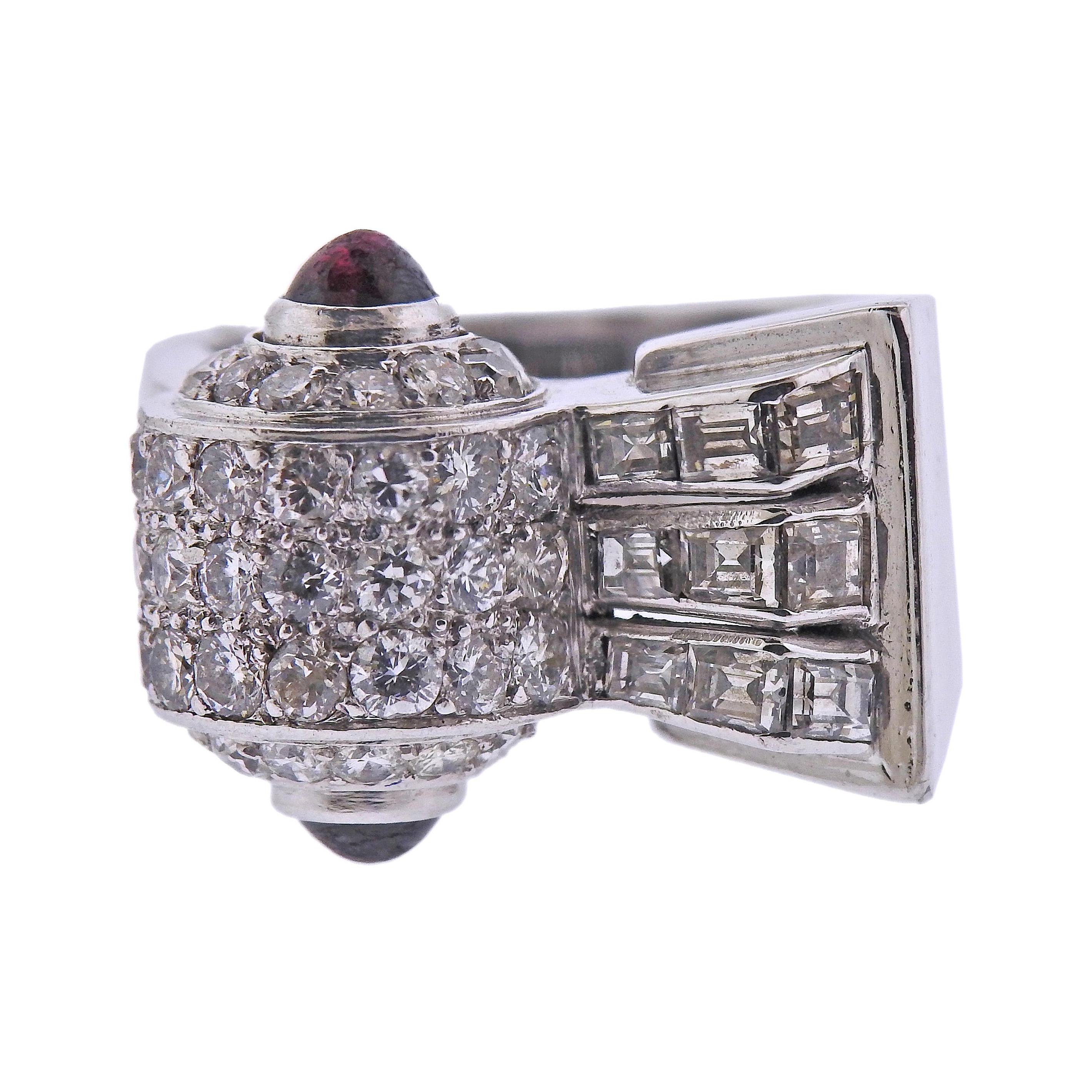 Mid Century 1950s Ruby Diamond Platinum Ring For Sale