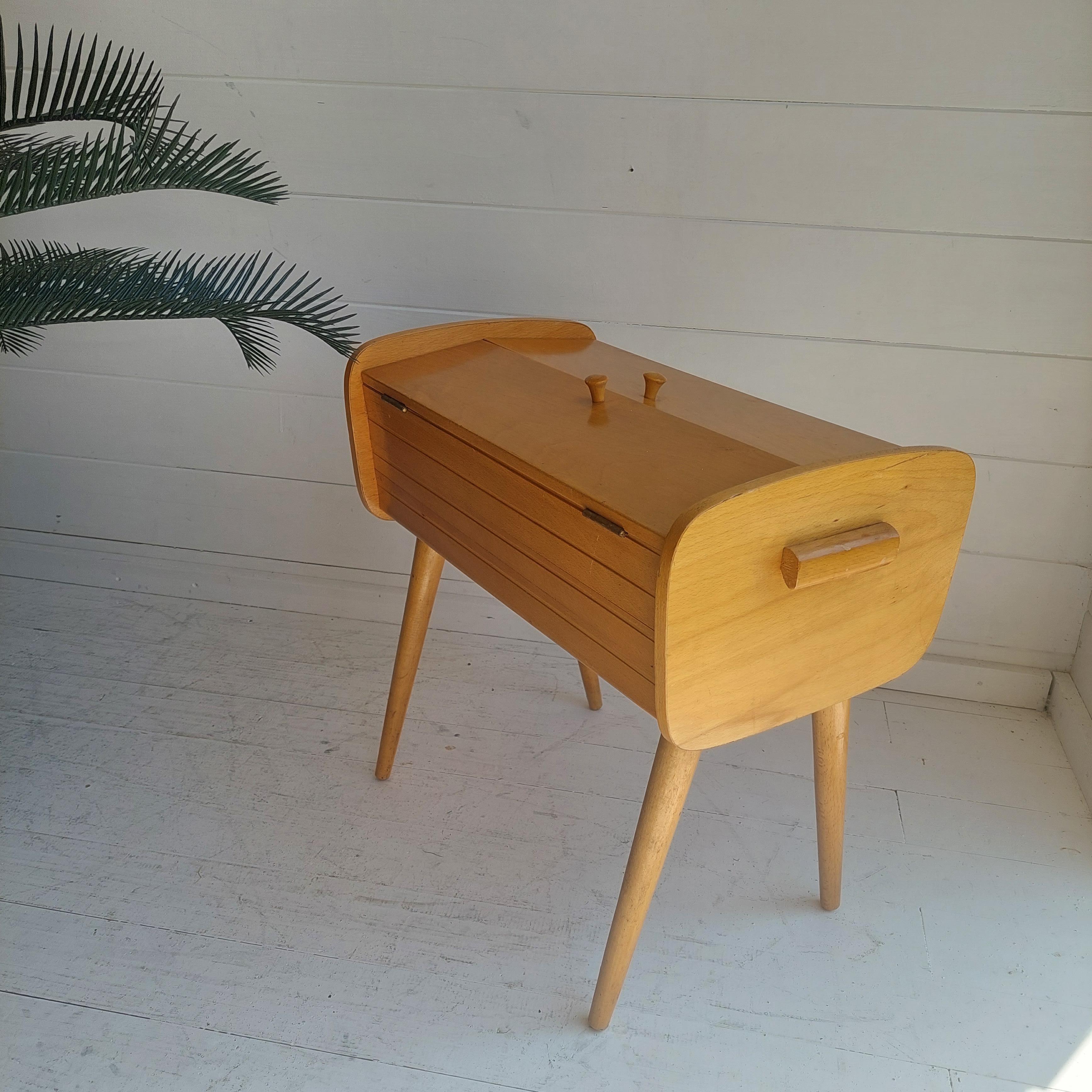 1960s wooden sewing box on legs