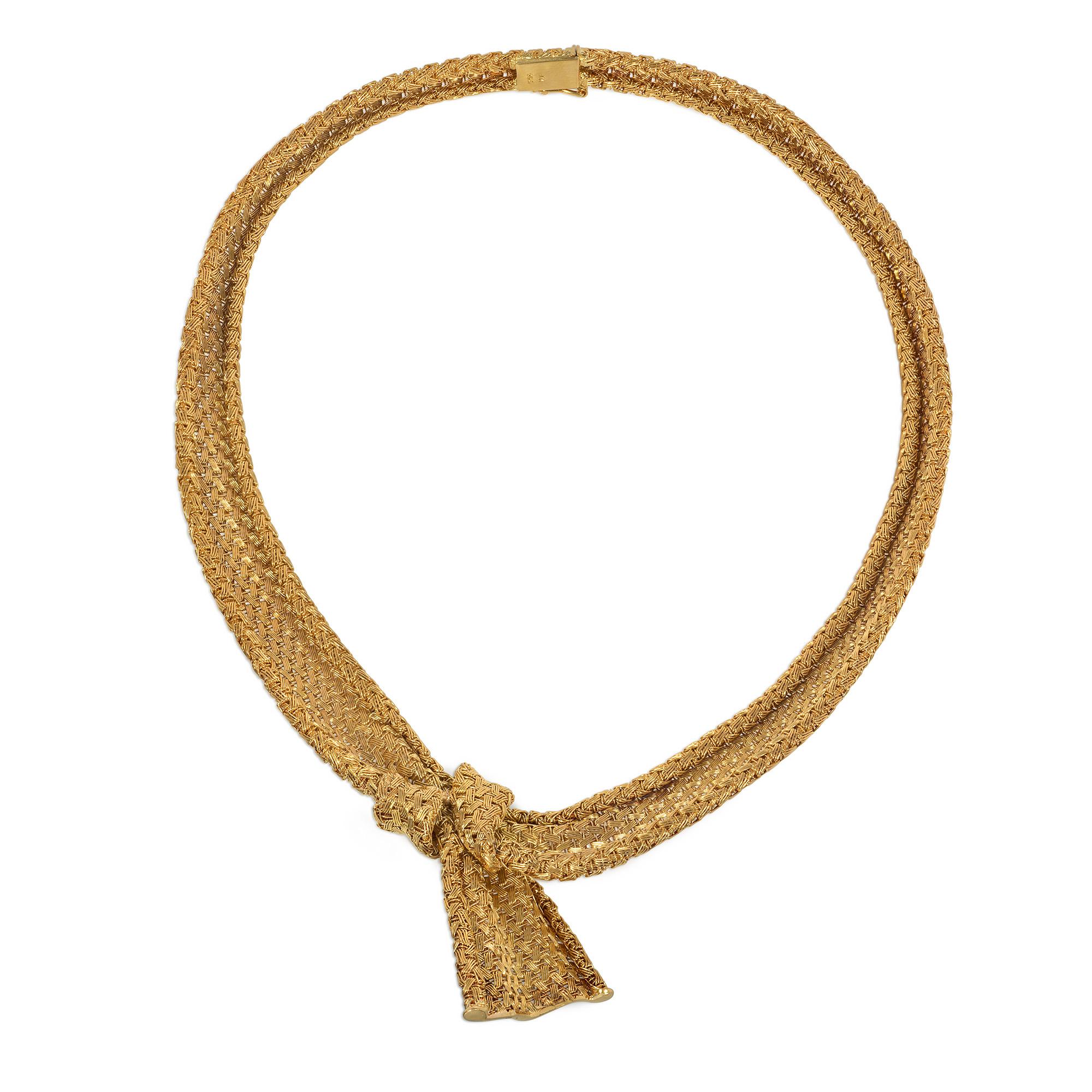 Modern Mid-Century 1950s Woven Gold Ribbon Knot Necklace For Sale